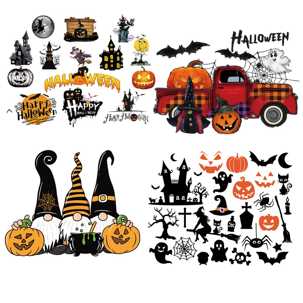 Ceresa Inc Halloween Heat Transfer Sticker Pumpkin Ghost Spider Black Cat Iron on Patches for Clothing Backpacks Pillows Art Decorations 4set