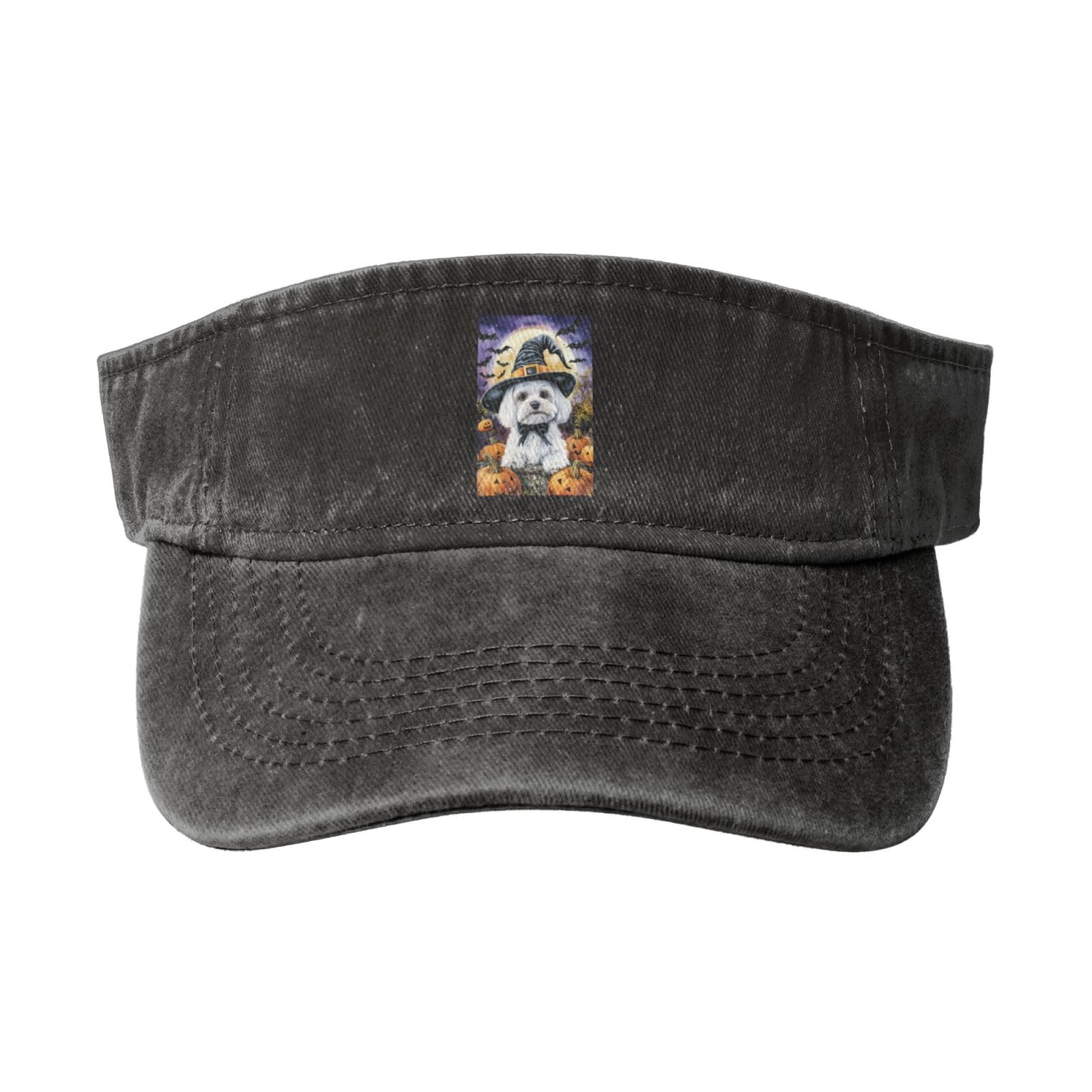 Sun Visor Hats Halloween Maltese Dog Happy Halloween Pumpkin Adjustable Ball Caps Empty Top Baseball Running Tennis for Men Women Outdoor Travel Beach Black