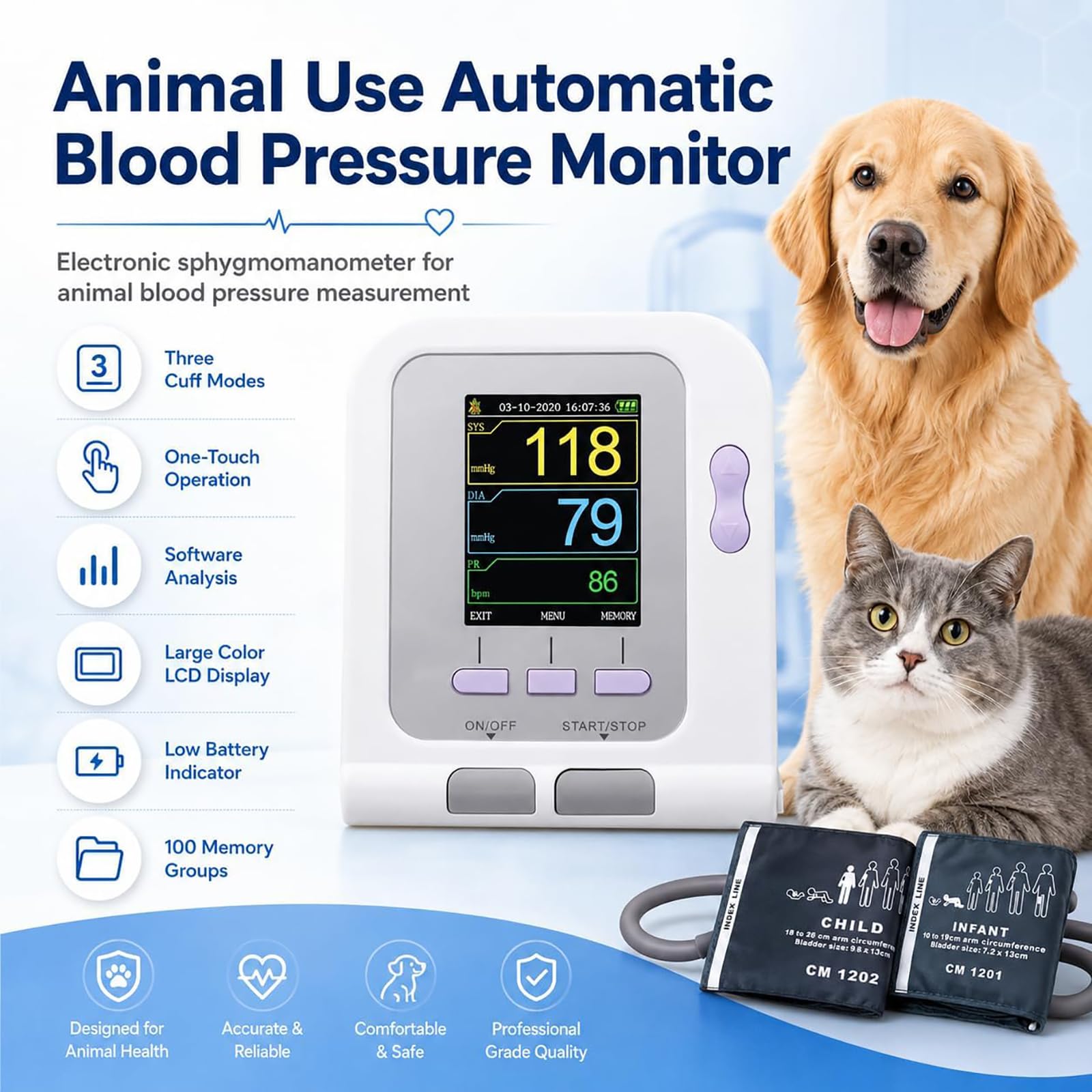 Monitor De Presión Arterial Veterinario, Monitor De Presión Arterial Veterinario Digital Con Brazalete, Pantalla Lcd De 2,8 Pulgadas, Incluye 3 Brazaletes, Memoria Para 100 Registros, Para El
