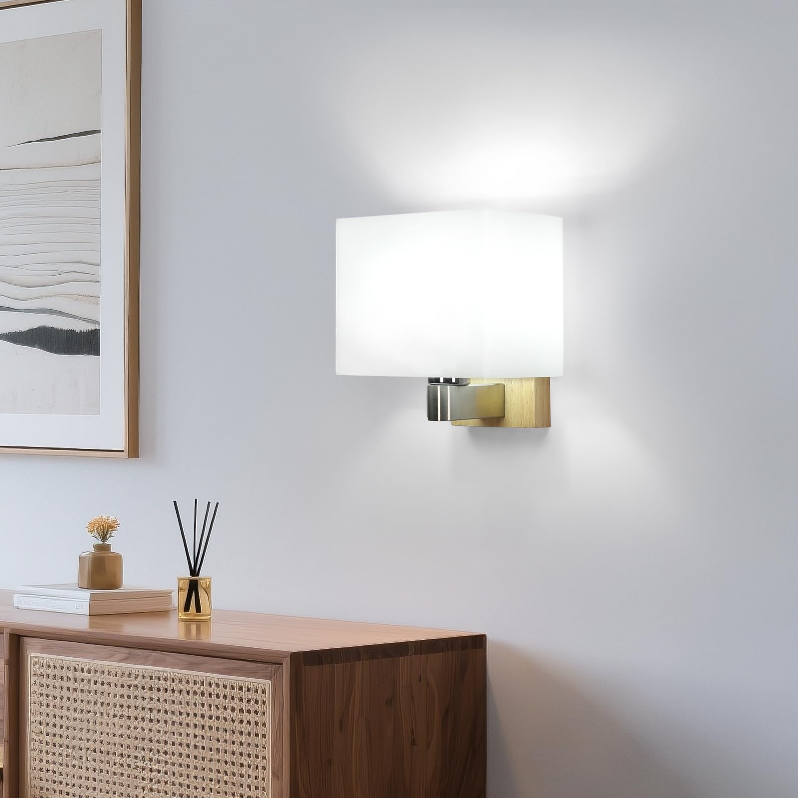 Holz Wandleuchte Innen E27, Moderne Wandlampe Holz mit Quadrat Glas Lampenschirm, Up Down Wandbeleuchtung Innen mit E27 Fassung für Schlafzimmer, Flur, Wohnzimmer, Treppen (Ohne Glühbirne)