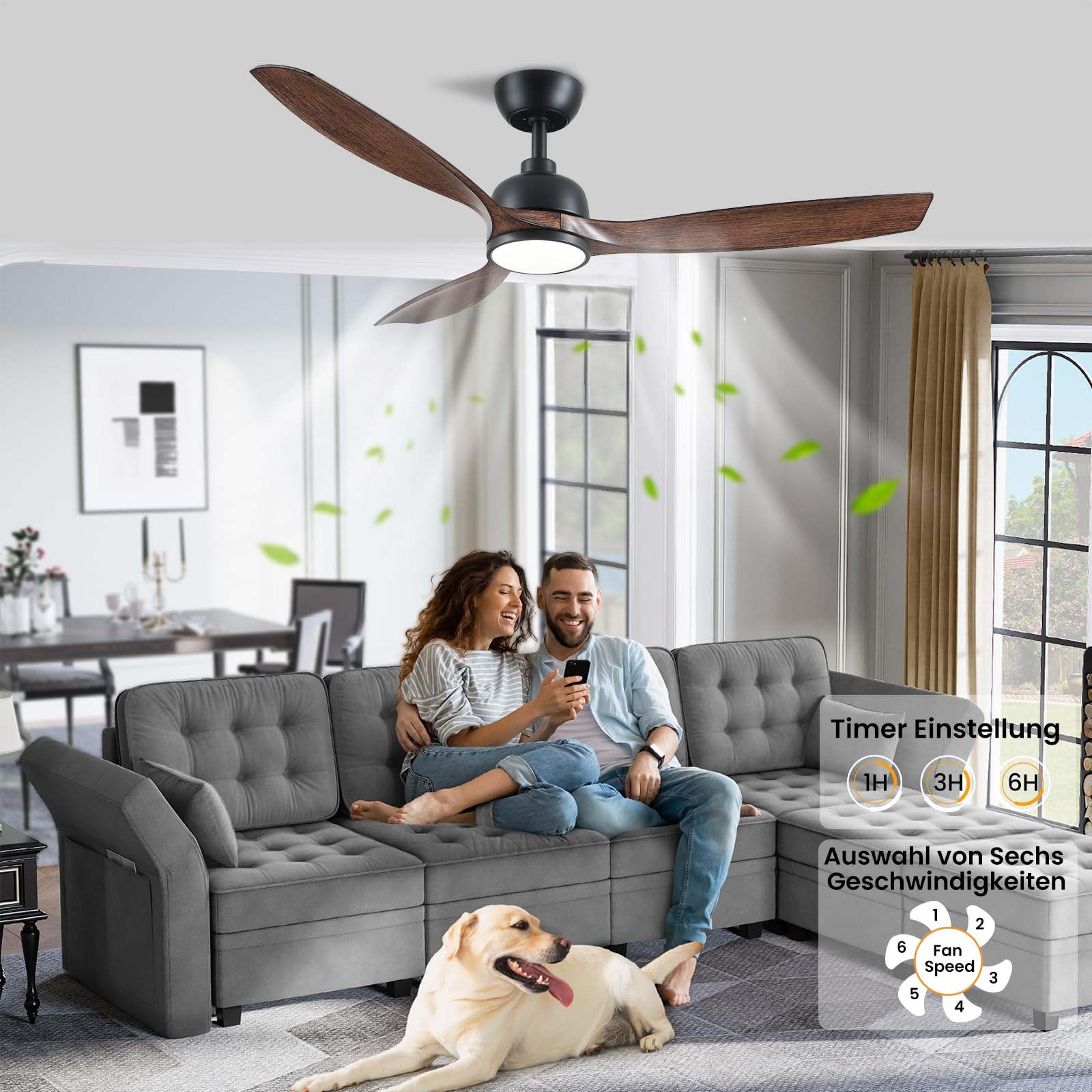 CJOY Deckenventilator mit Beleuchtung 132cm, leise, 6 Geschwindigkeiten, umkehrbar, dimmbar, Holz, für Schlafzimmer