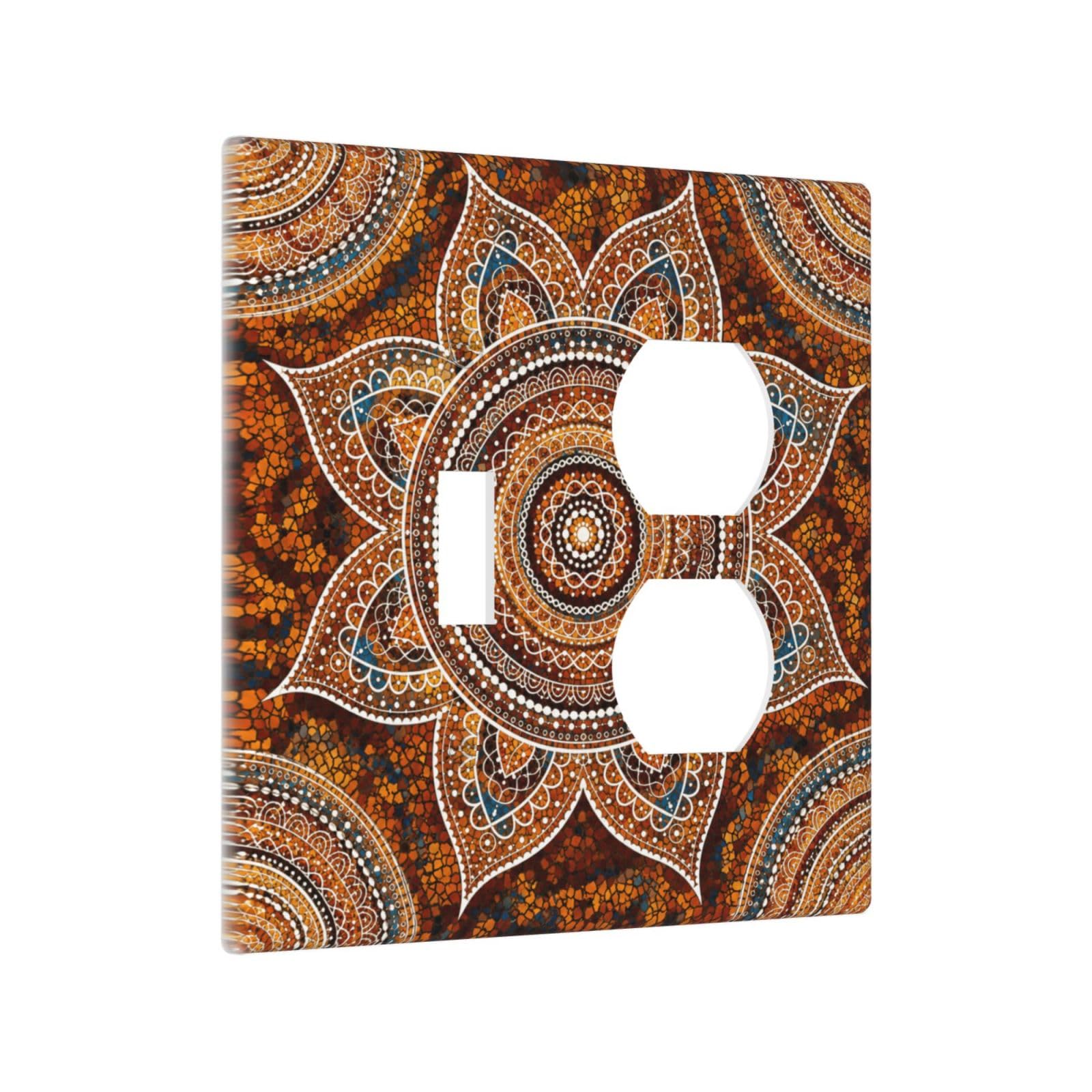 Xuejiaku Decorative Outlet Covers Boho Orange Brown Teal Ethnic Mandala 2 Gang Light Switch Cover Plate Single Toggle Duplex Wall Plates Electrical Switch Plate Covers for Bedroom Home Decor