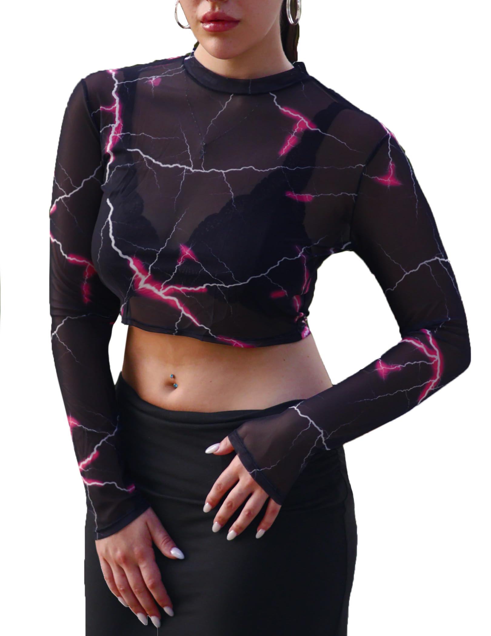 Avidlove Mesh Top Mesh Crop Top for Women Y2K Long Sleeve Mock Neck Top S-XXL