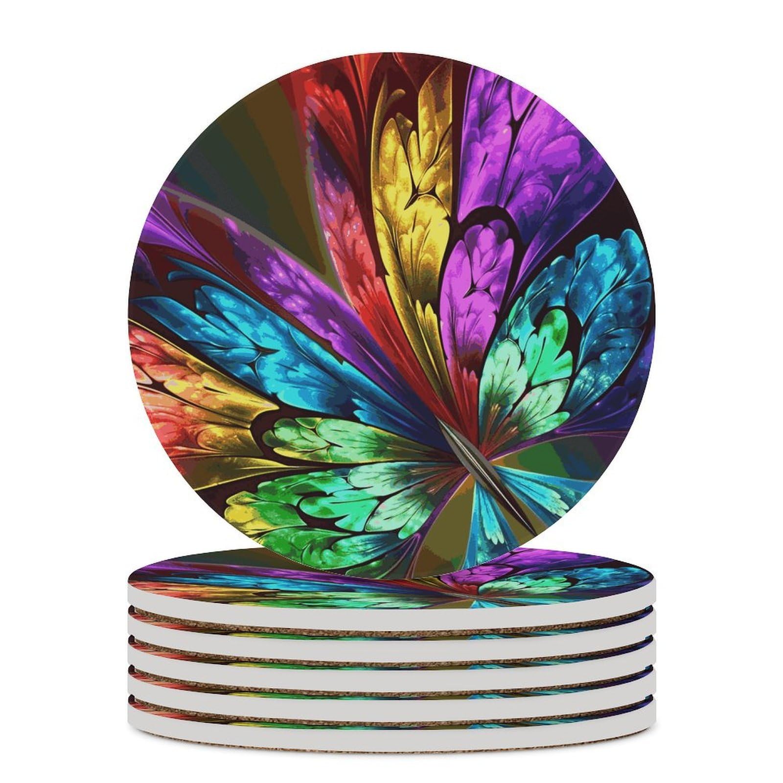 Rainbow Butterfly Coaster with Cork Base Drink Coasters for Coffee Table Decor Modern Cup Coasters with Non-Slip & Heat-Resistant Cute Ceramic Table Coaster for Home Dining