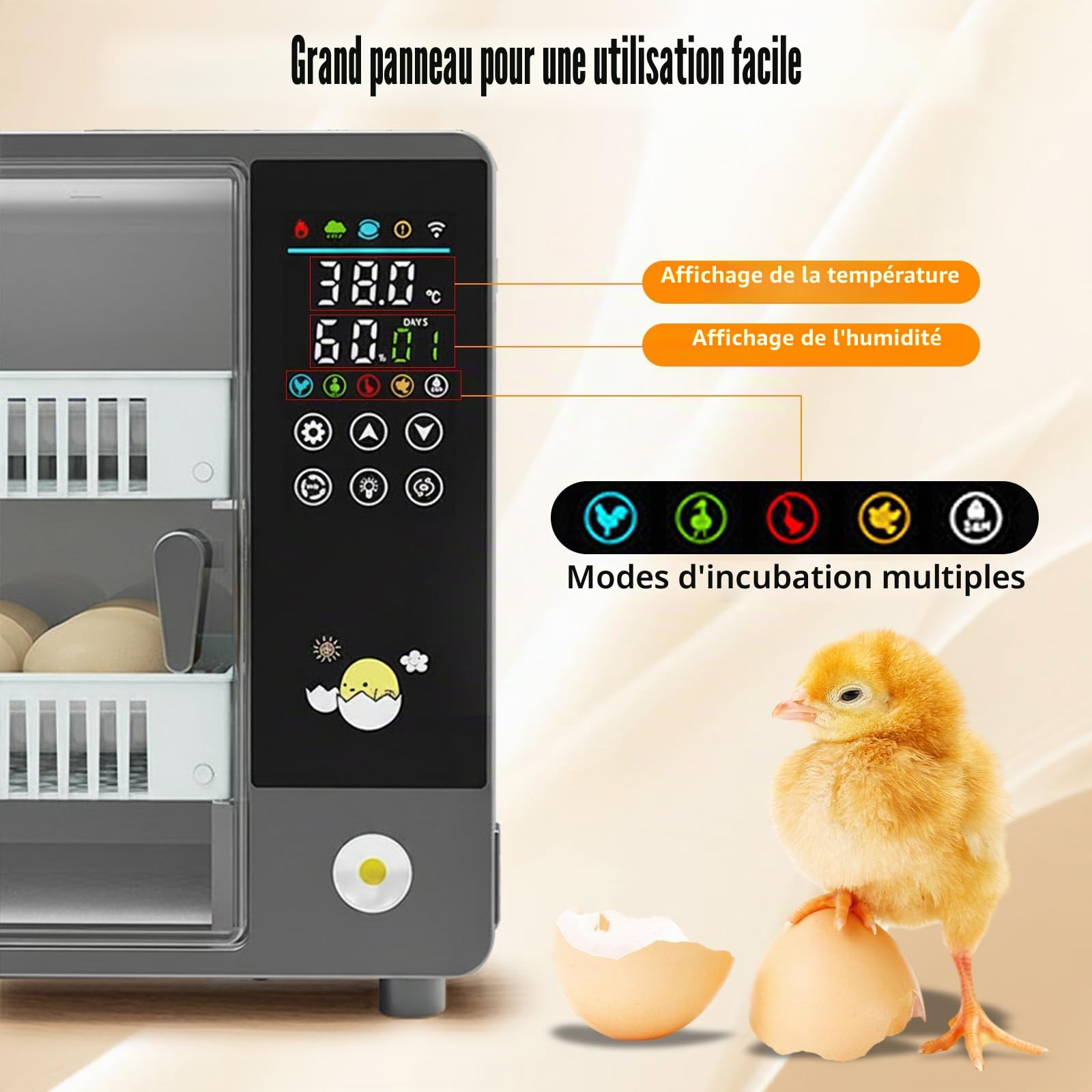 Couveuse entièrement automatique, 20-24 œufs Couveuse, avec rotation automatique des œufs et surveillance de l'humidité, 5 modes d'incubation Convient pour les œufs de poule, canard, oie, caille
