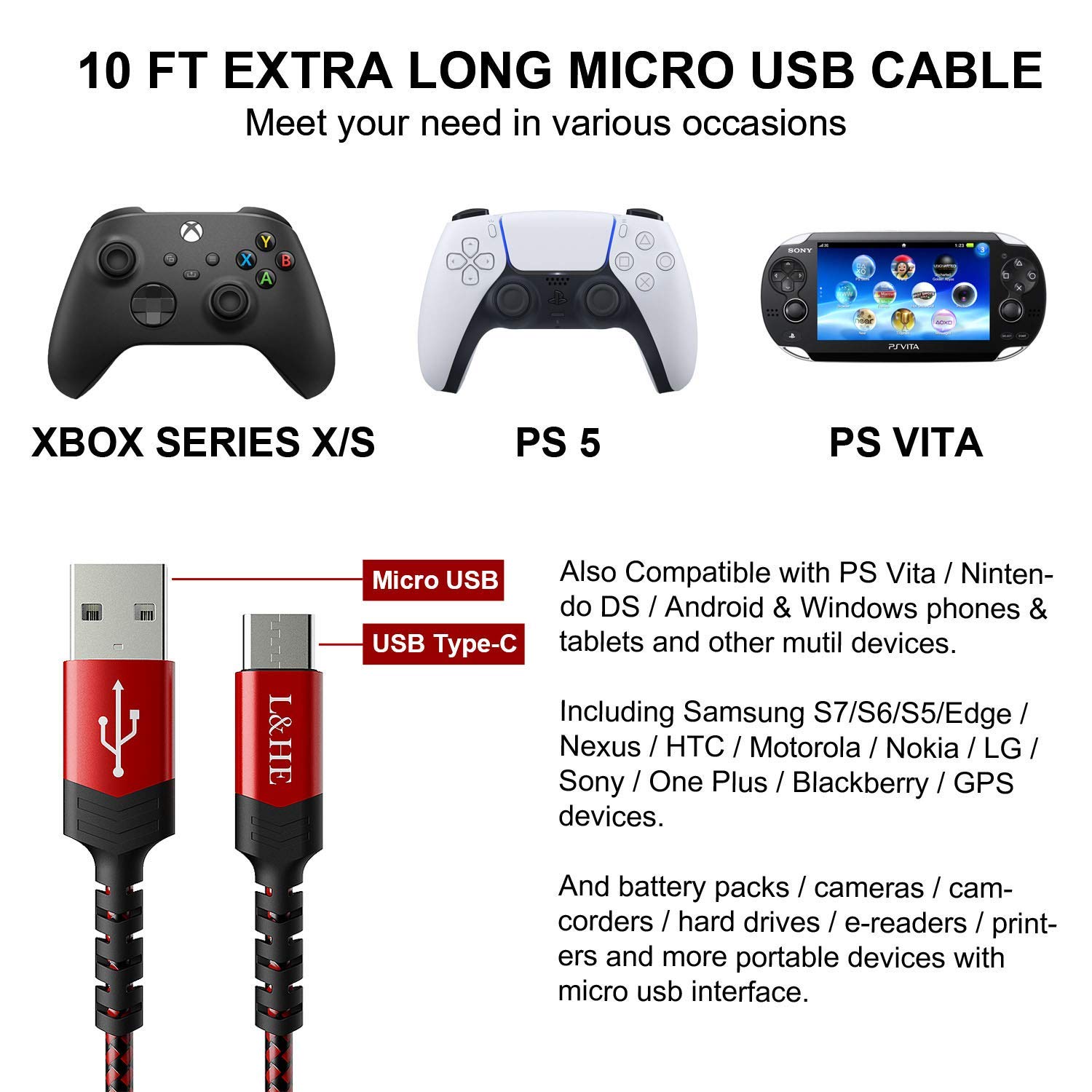 L&HE USB C Cable Compatible with PS5 Controller, 2 Pack 6FT 3A Fast Charging Charger Cord Compatible with Nintendo Switch/Lite, PS5, Xbox Series X Controller Blue & Red (6FT)