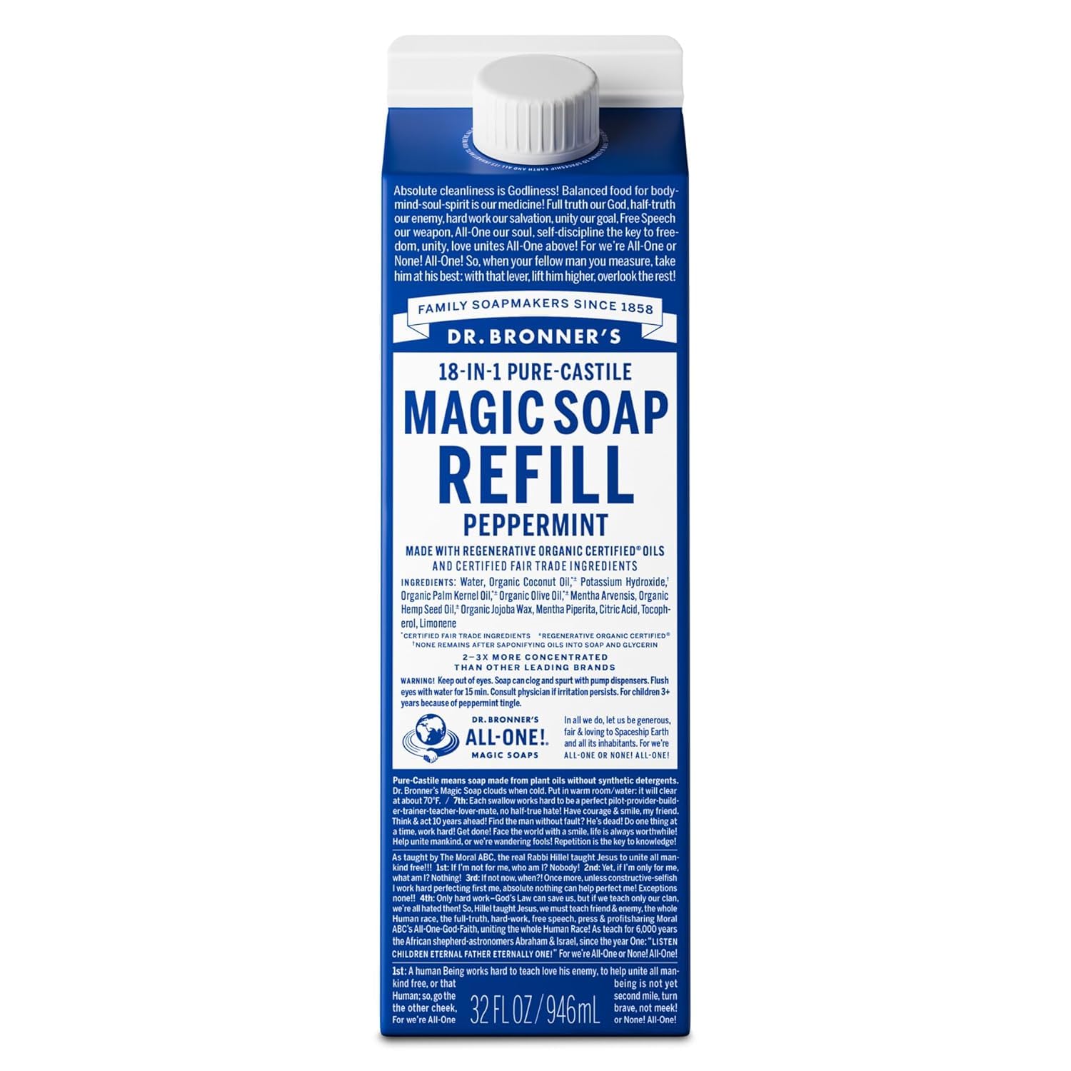 Pure-Castile Liquid Magic Soap Refill - Made with Regenerative Organic Certified Oils, 86% Less Plastic - 18-in-1 Uses for Face, Body Wash, Hand Soap Refill & More - Peppermint, 32oz