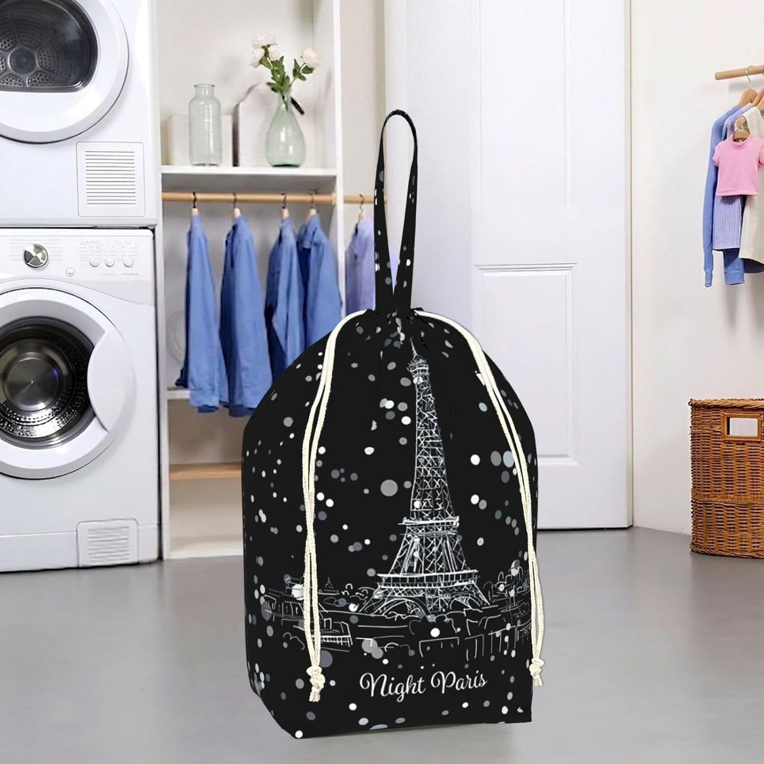 Oxford Night Paris Eiffel Tower Print Large-capacity drawstring laundry bag with Handles for Dorm,Hotel