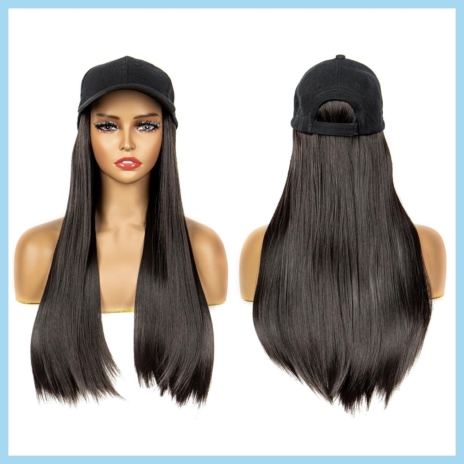 MISS LIRENN® Long Synthetic Hat Wig 22 Inch Baseball Straight Hair Extensions with Black Cap Long Synthetic Extension Hair Integrate Cap with Hair for Women(Brown)