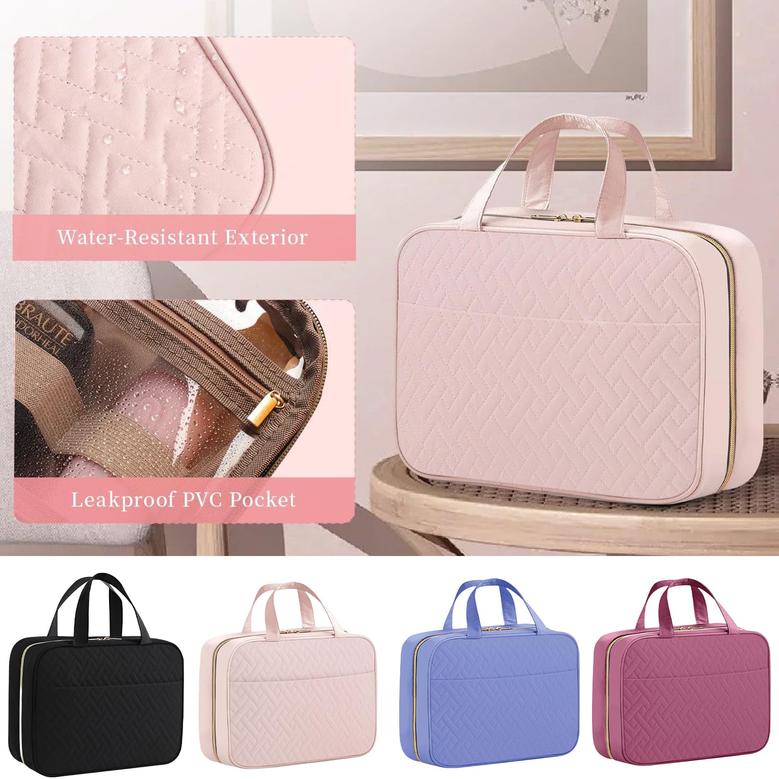 Neceser de viaje grande con gancho para colgar, bolsas de maquillaje espaciosas, organizador de cosméticos, bolsas de almacenamiento para mujeres y niñas