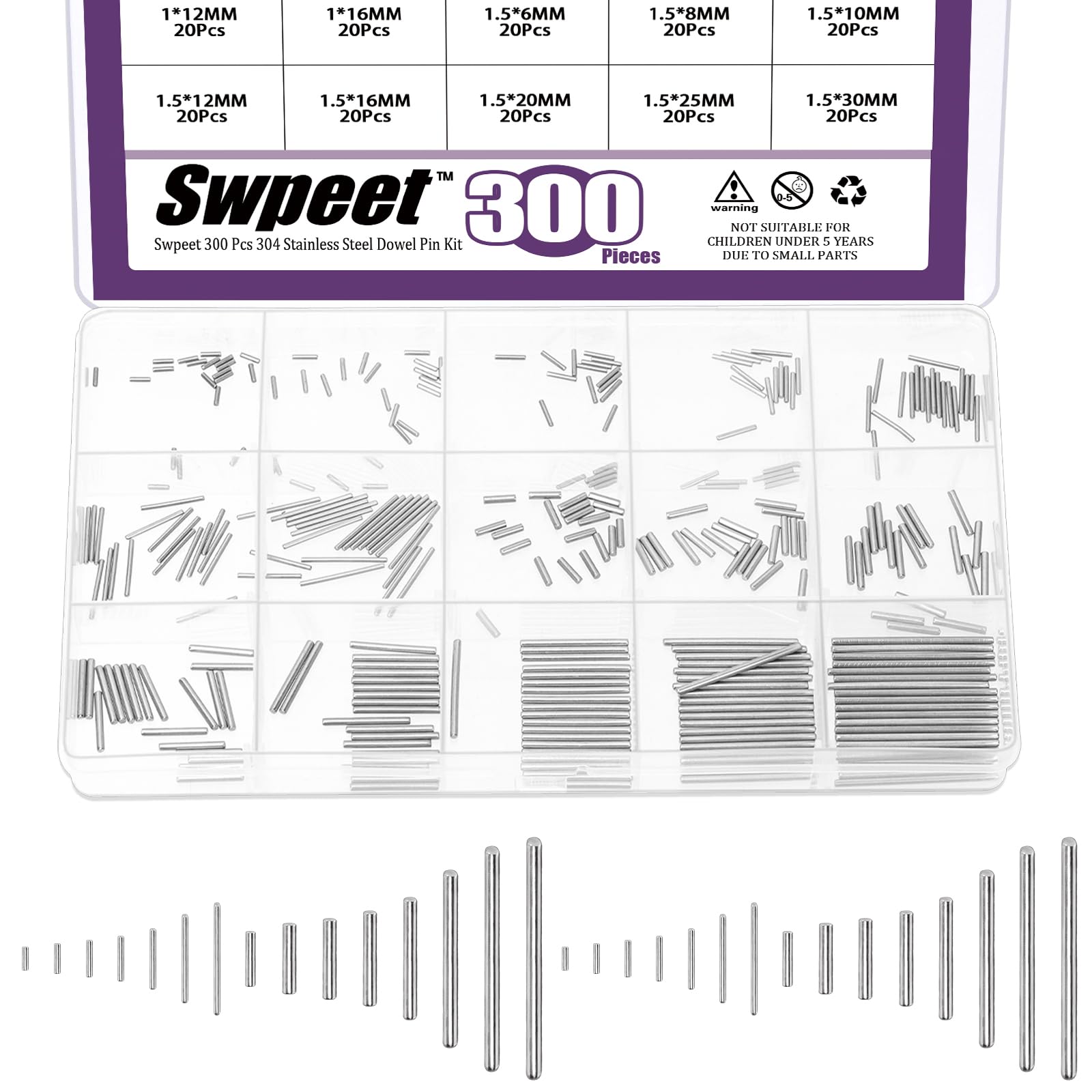 Swpeet 300Pcs 15Sizes M1 M1.5 304 Stainless Steel Dowel Pin Assortment Kit, Cylindrical Shelf Support Peg Pin Rod Fasten Elements for Maintenance and Connection (with A Storage Box )