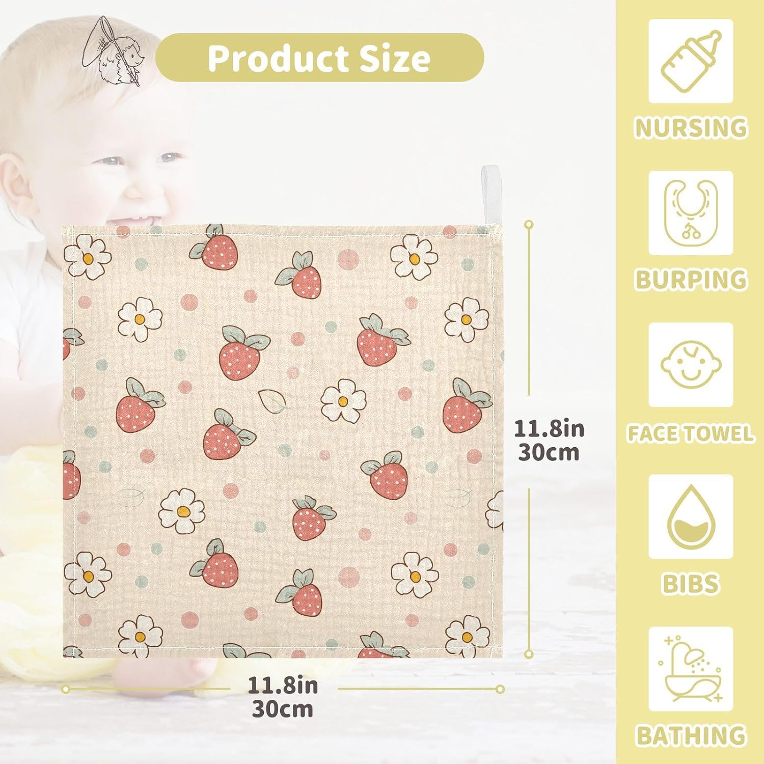 vvfelixl Baby Muslin Washcloths Berry Blossom Dots Baby Burp Cloths Cotton Babys Face Towel for Infants Soft 11.8 X 11.8 in, 3 Pack image 4