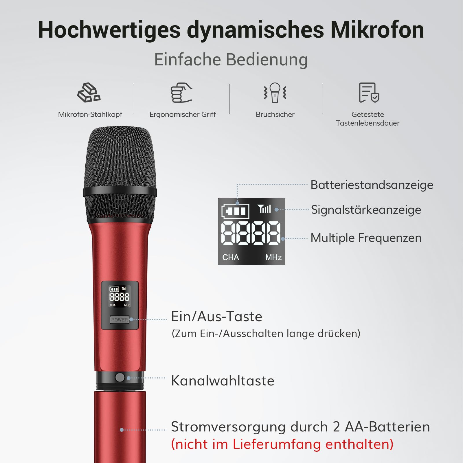 TONOR Dual Mikrofon Kabellos System, Funkmikrofon drahtloses Karaoke Mikro Set 60 m Reichweite TW450 Grau-Red