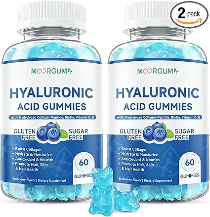 Hyaluronic Acid Supplements 1000 mg, with Hydrolyzed Collagen Peptide, Biotin, Vitamin C & E, Supports Skin, Hair & Nails Health, Bioavailable Formula Gummies, Blueberry Flavor, 120 Count