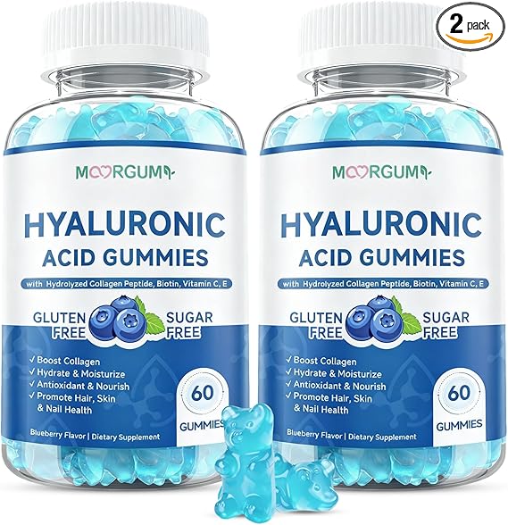 Hyaluronic Acid Supplements 1000 mg, with Hydrolyzed Collagen Peptide, Biotin, Vitamin C & E, Supports Skin, Hair & Nails Health, Bioavailable Formula Gummies, Blueberry Flavor, 120 Count