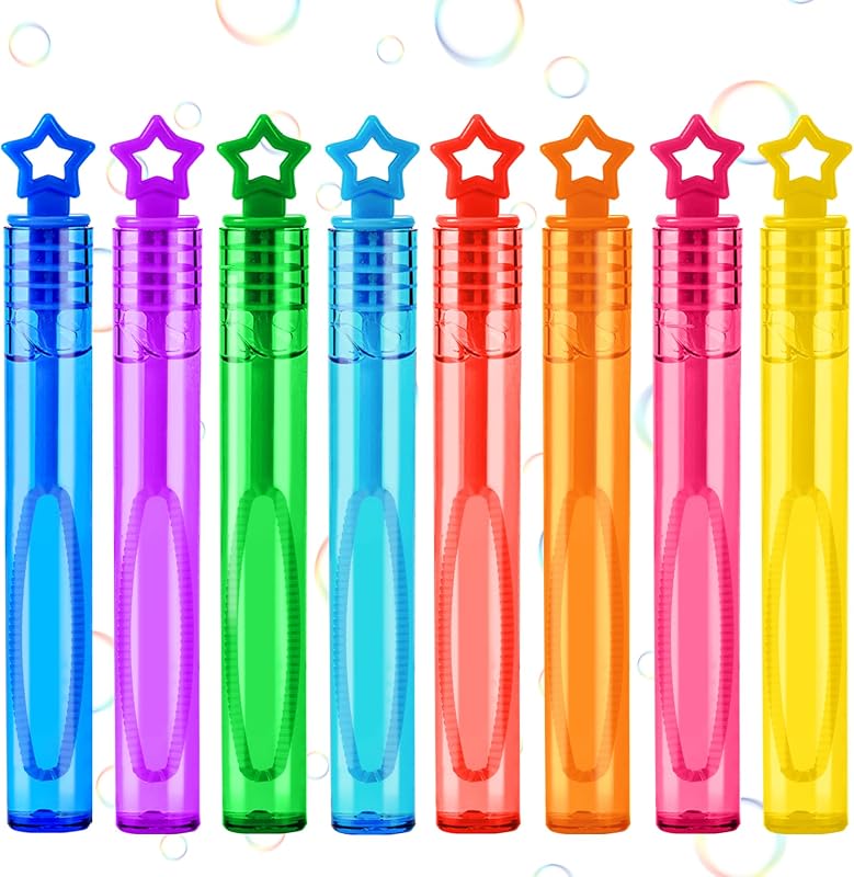 Mini varitas de burbujas, 32 piezas de varitas de burbujas a granel en 8 colores, regalos de fiesta de burbujas para niños, regalos de fiesta de burbujas para niños, juguetes de verano, actividades interiores y exteriores, cumpleaños temáticos, niñas y niños