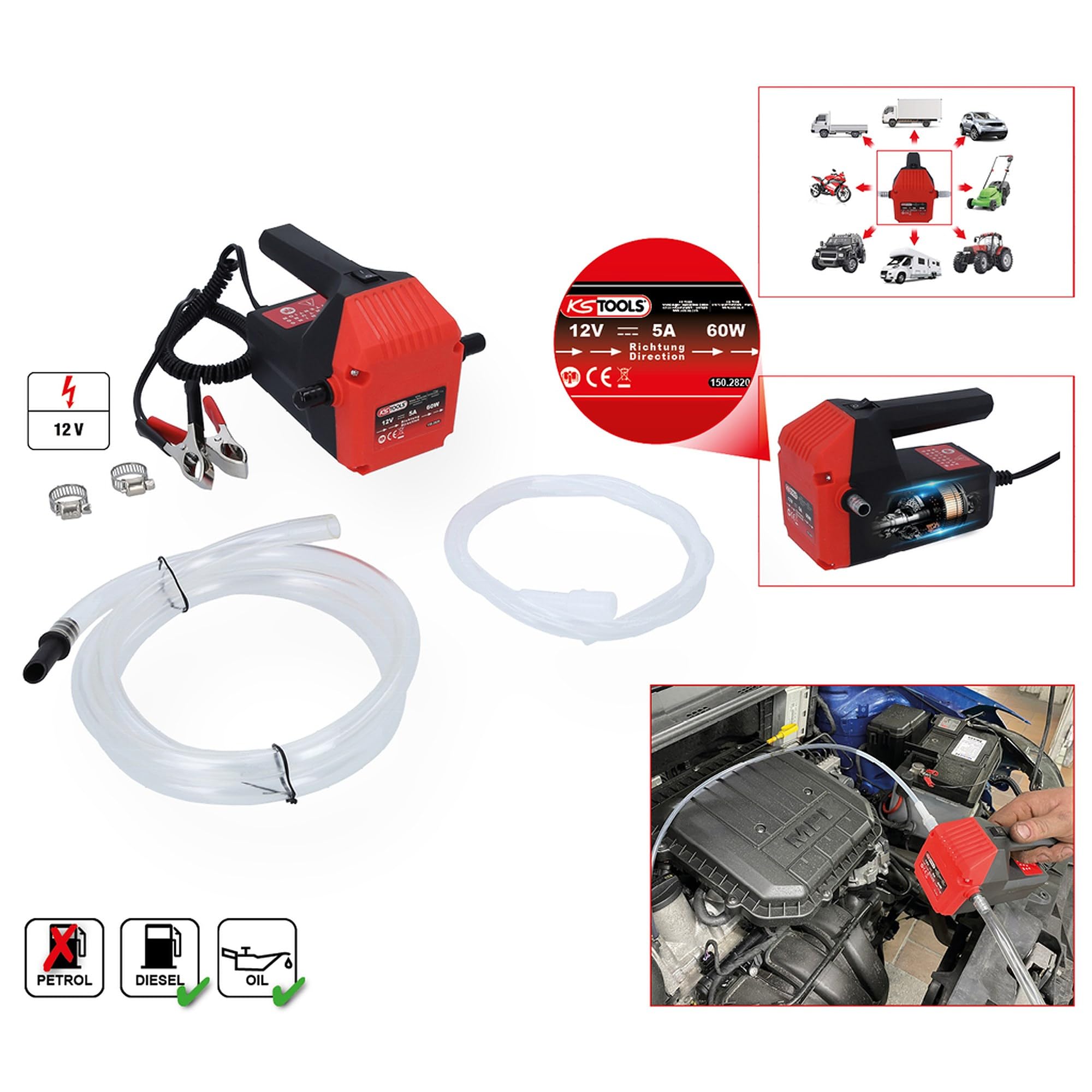 KS Tools 150.2820 elektryczna pompa do odsysania oleju i przelewu
