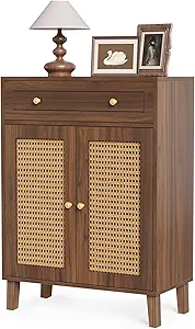 LITTLE TREE Shoe Cabinet for Entryway, 4-Tier Shoe Organizer with Adjustable Shelves & Drawer, Freestanding Brown Shoe Cabinets with Rattan Doors for Hallway, Bedroom, Living Room