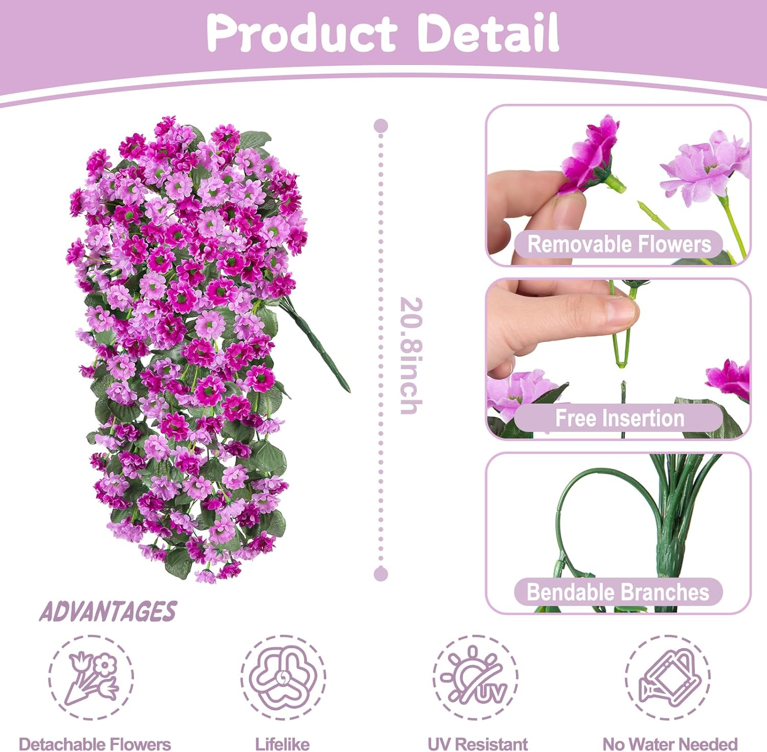 Artificial Fake Hanging Flowers Plants for Outdoor Spering Decoration, 2 PCS Faux Silk Orchid Long Vines Stems Bouquet UV Resistant for Wall Home Porch Patio Outside (Double Lotus) - Image 3