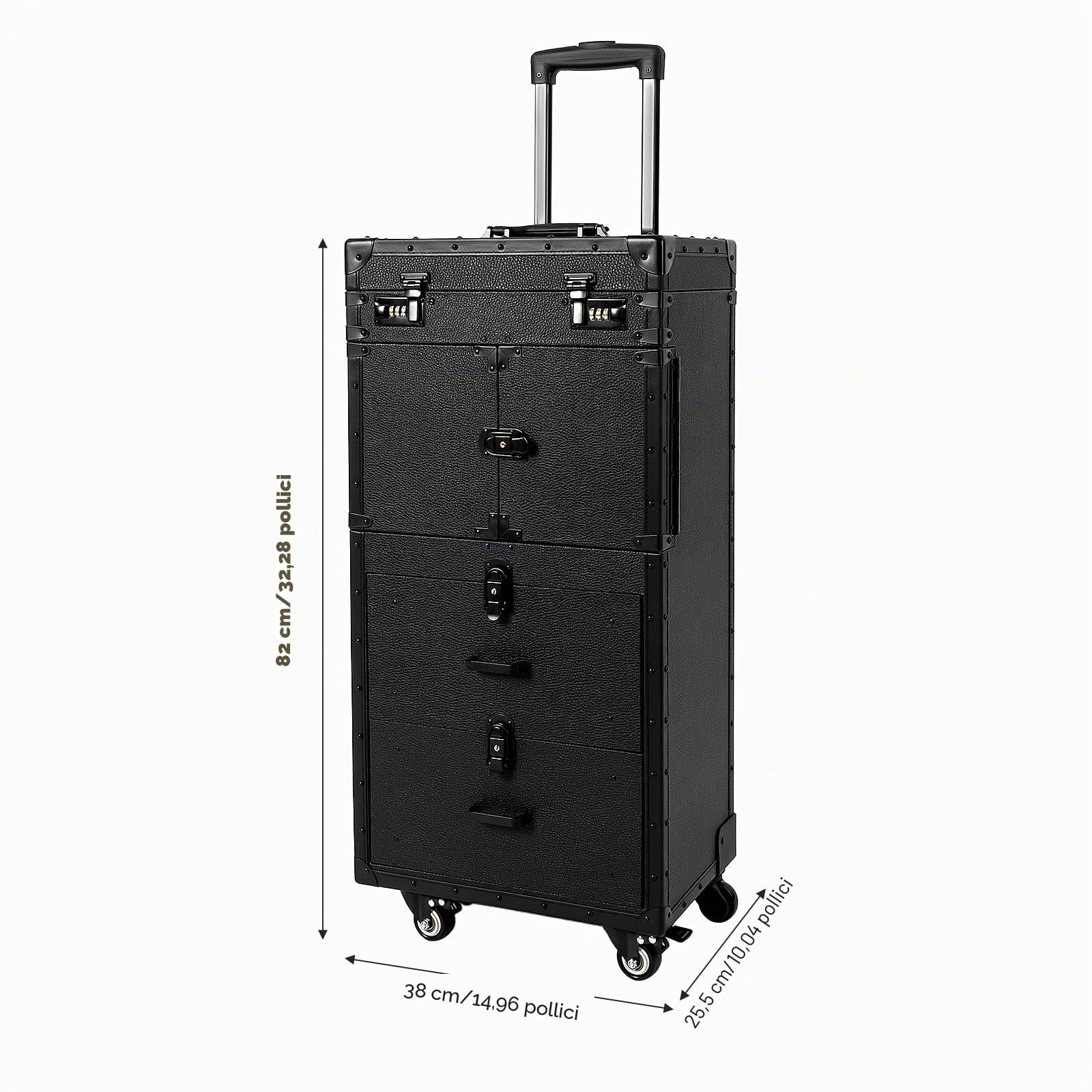 Valigetta per trucchi, trolley 4 in 1, con ruote e 2 cassetti, con serratura, 38 x 25,5 x 82 cm, per trucchi