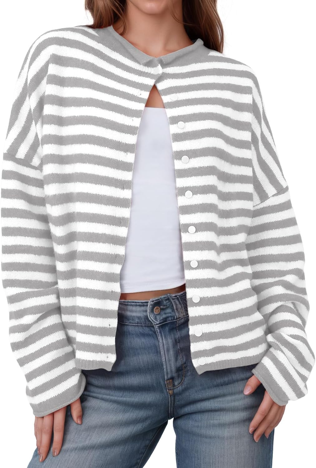 Saodimallsu Womens Striped Cardigan Casual Long Sleeve Open Front Button Down Loose Knit Lightweight Fall Sweaters