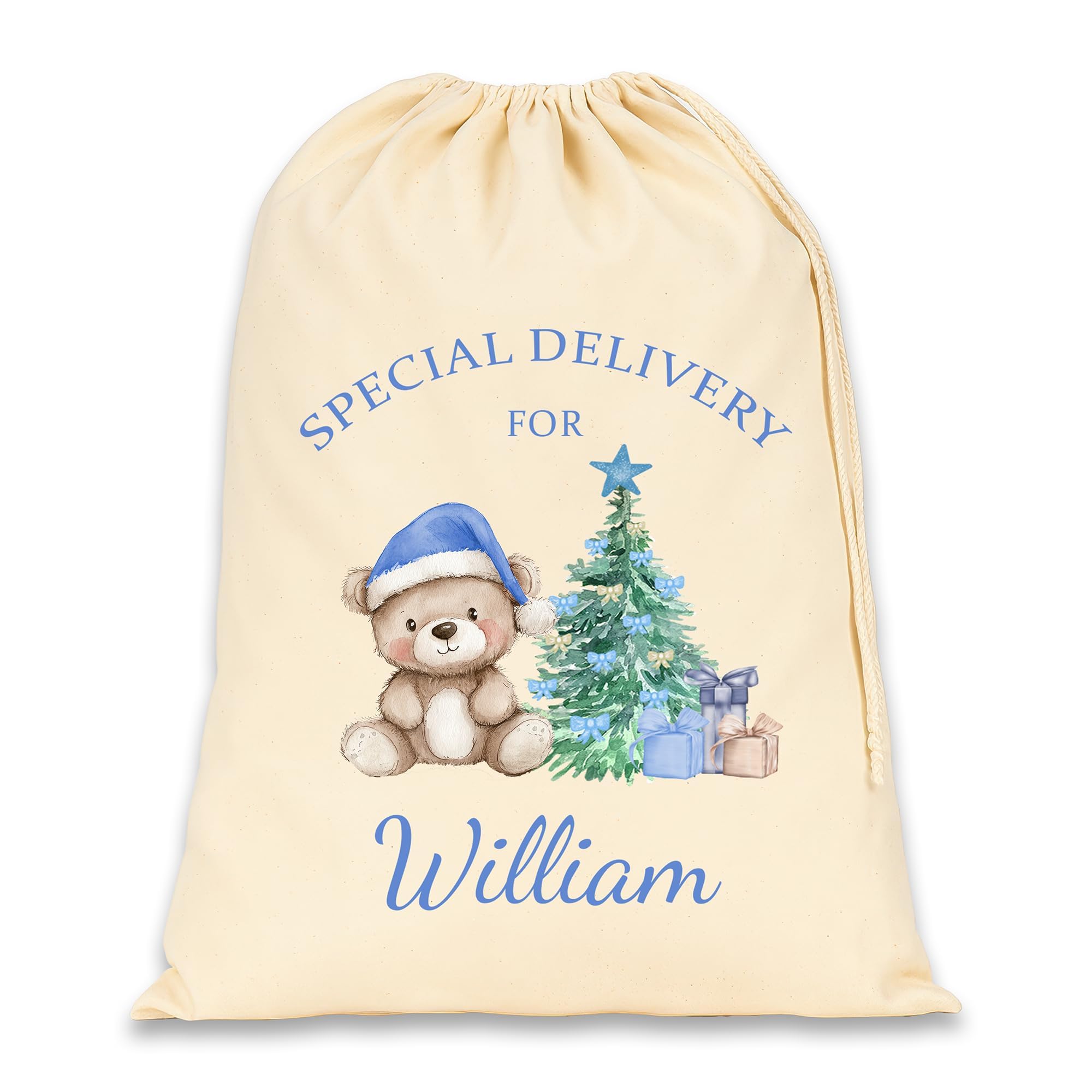 Personalised Christmas Sack, Blue Teddy Bear, Natural, Extra Large