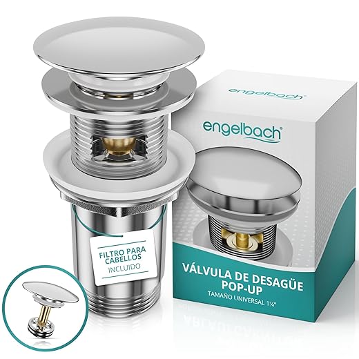 Engelbach Válvula Desagüe Lavabo con Rebosadero - Válvula Click Clack Lavabo - Valvula Desague Lavabo con 4 juntas y Manual de Instalación - Cromado