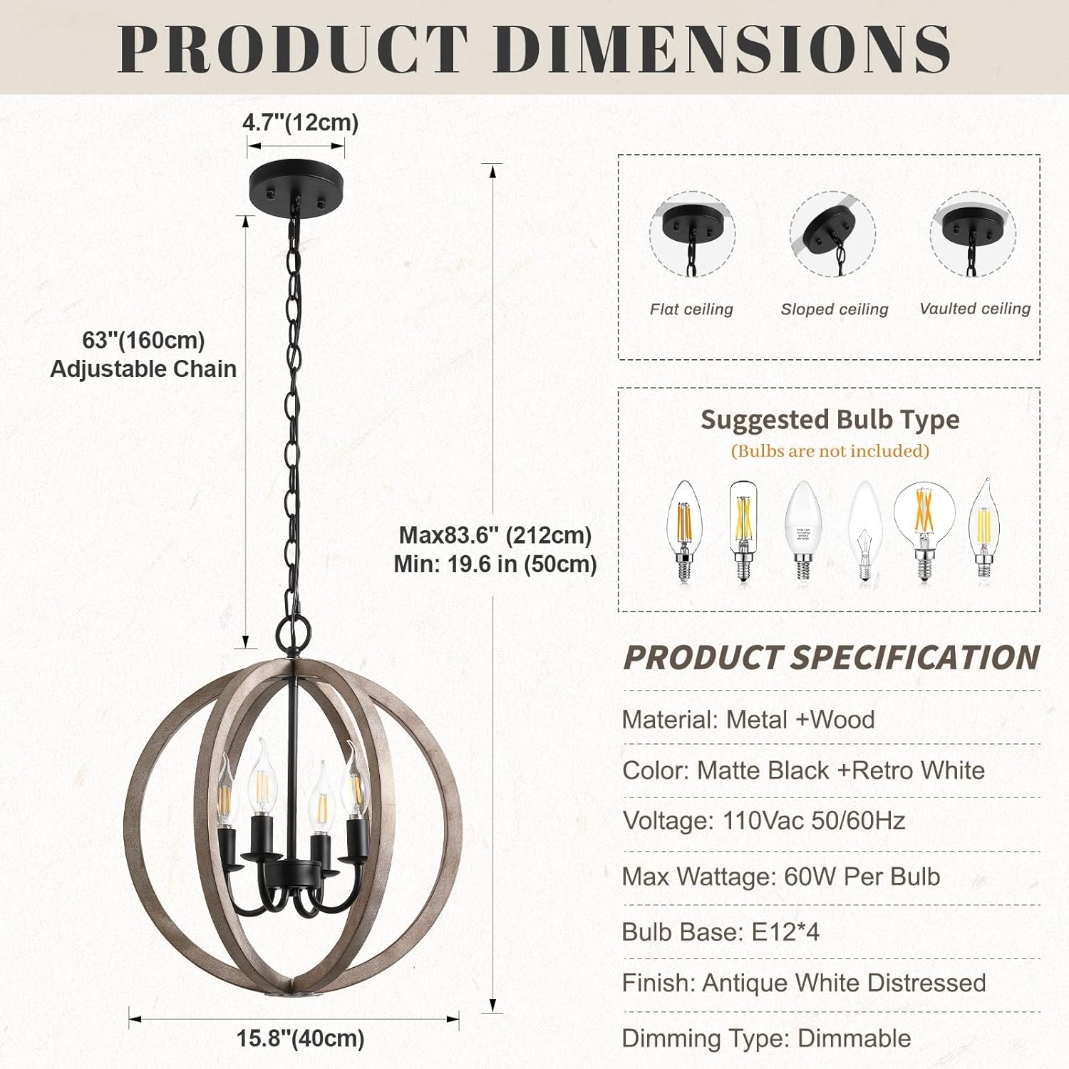 16“ Rustic Farmhouse Chandelier, 4-Light Dining Room Light Fixtures, Matte Black and Distressed White Wood Kitchen Hanging Lights for Dining Room Kitchen Island Entryway Foyer