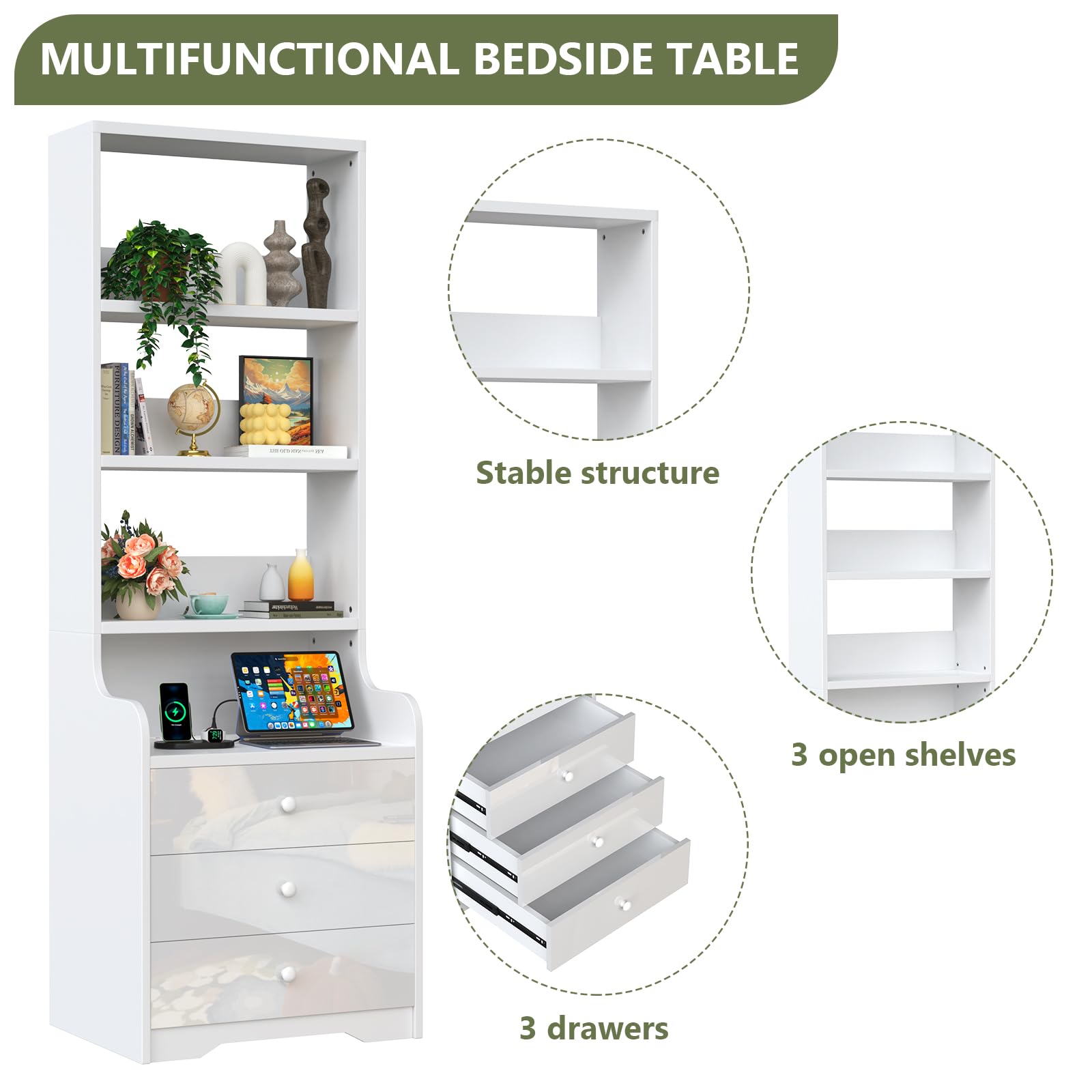 Table de Chevet Blanche avec Prise de Courant, Table de Nuit en Bois d'appoint, Tables Chevet de Lit Canapé, 3 Tiroirs de Rangement, Commode Moderne, pour Salon Chambre, 40x50x176 cm