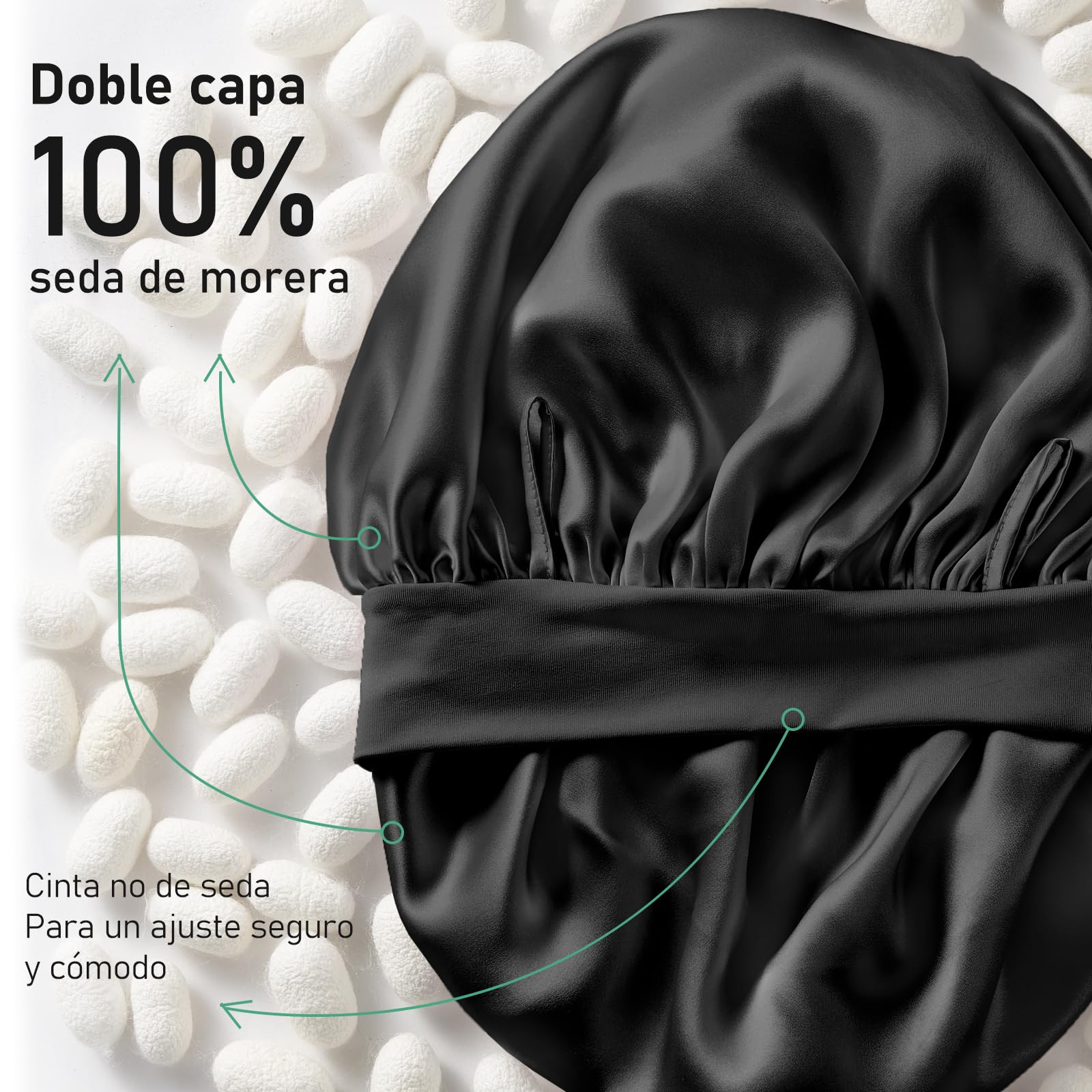 LitBear Gorro de Dormir 100% Seda de Morera para Mujer, 6A 22 Momme, Gran Envoltura de Doble Capa con Banda de Anudación, Turbante Antideslizante, Incluye Coletero
