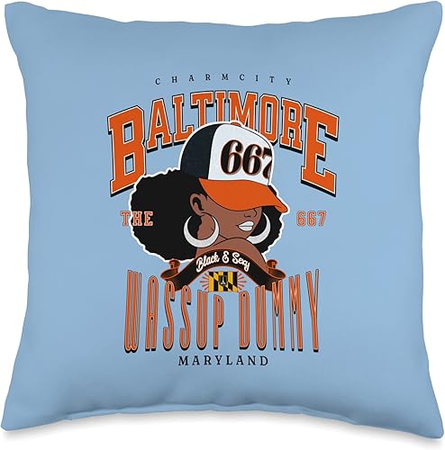 667 Area Code Baltimore Maryland Flag Blaq Girl Bmore Pride Throw Pillow, 16x16, Multicolor