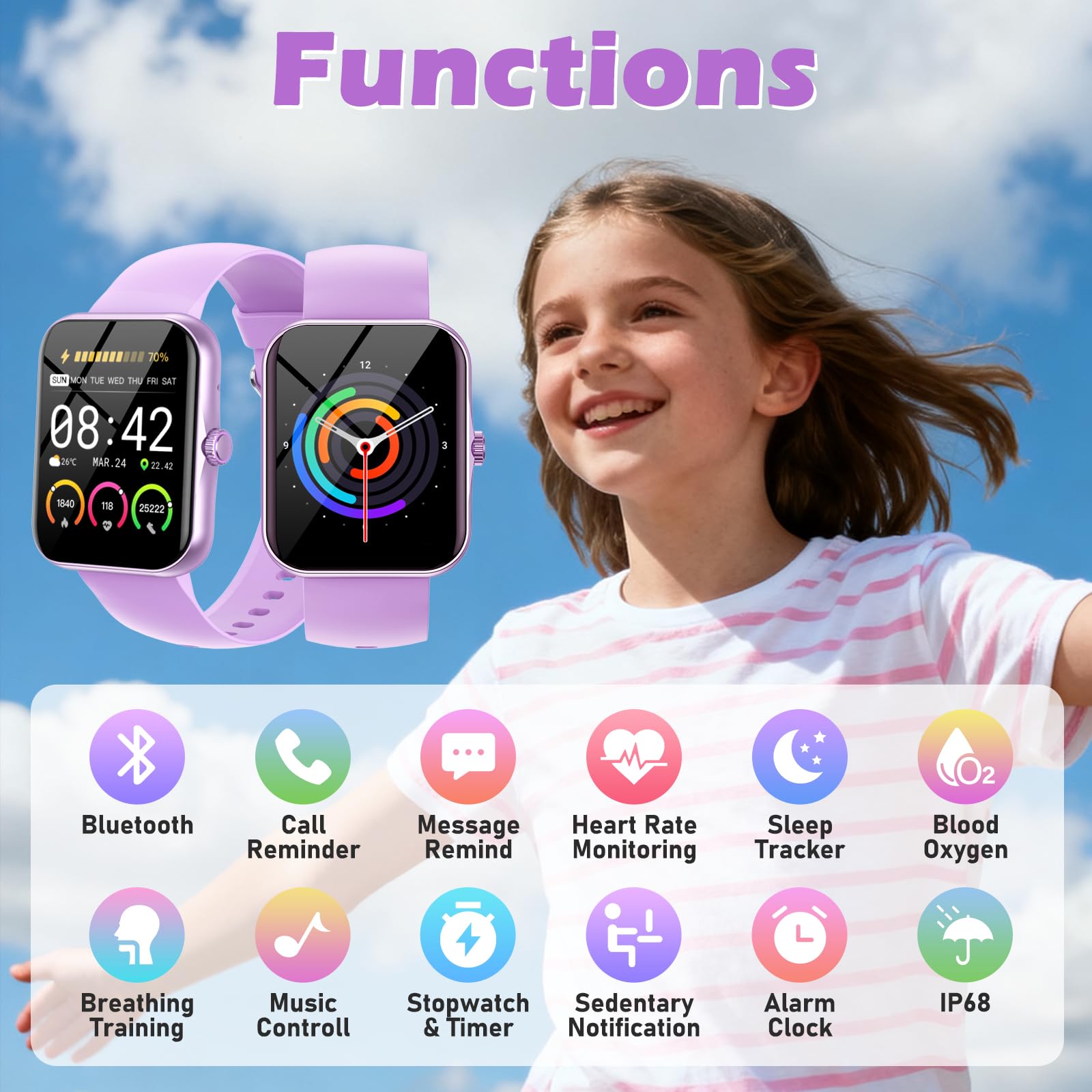 Smartwatch Bambini Fitness Tracker, 1.83" HD Orologio per Bambino Bambina con Frequenza Cardiaca Monitor del Sonno Resistente all'Acqua IP68, Smart Watch per Ragazza Ragazzo Ado 5-16 Anni Regalo Viola