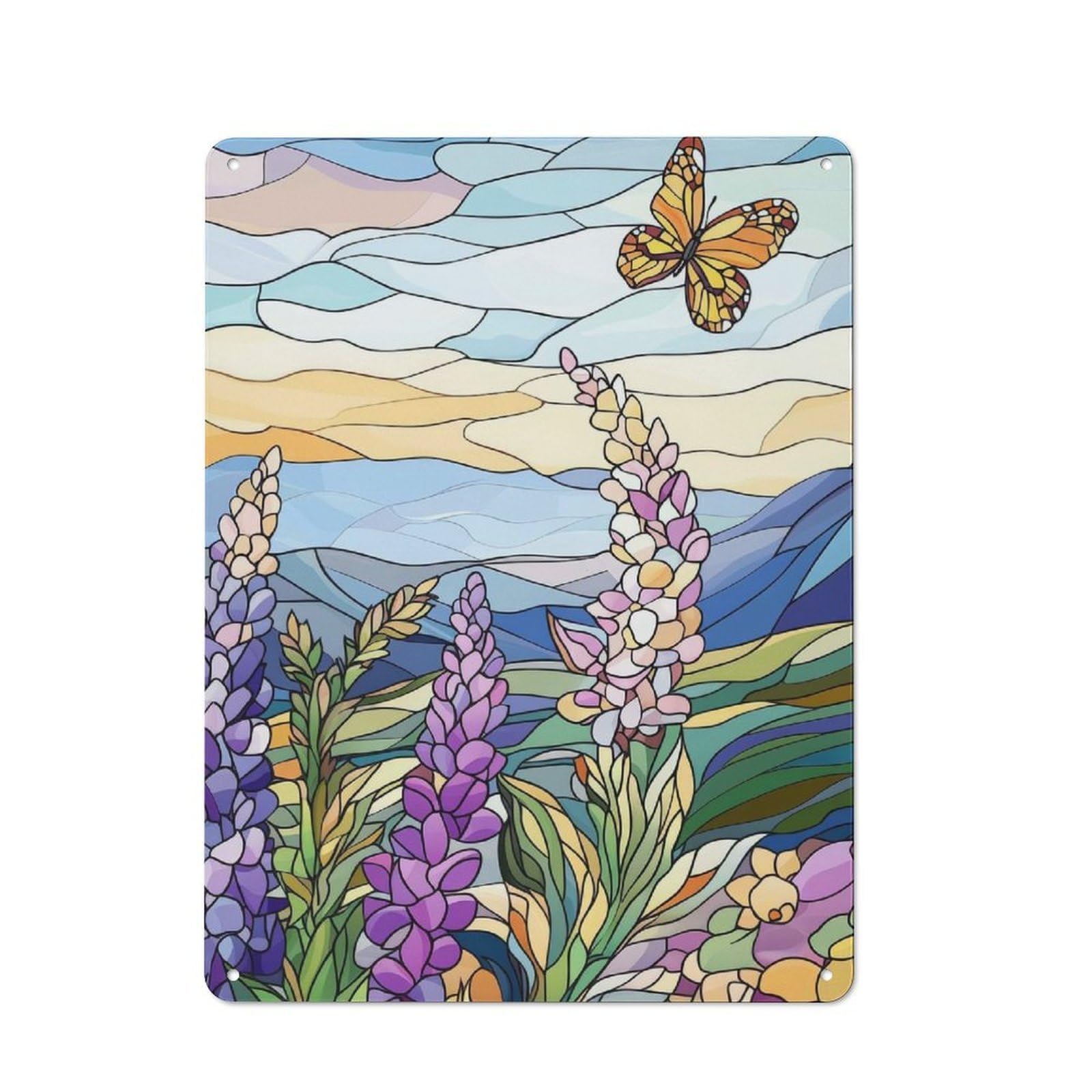 Junmoney Style-6 Metal Wall Sign 40X30cm Featuring Stained Glass Butterfly & Flowers For Hallway Wall, For Vintage Wall Decor Fans, For Cafés, Pubs And Restaurants