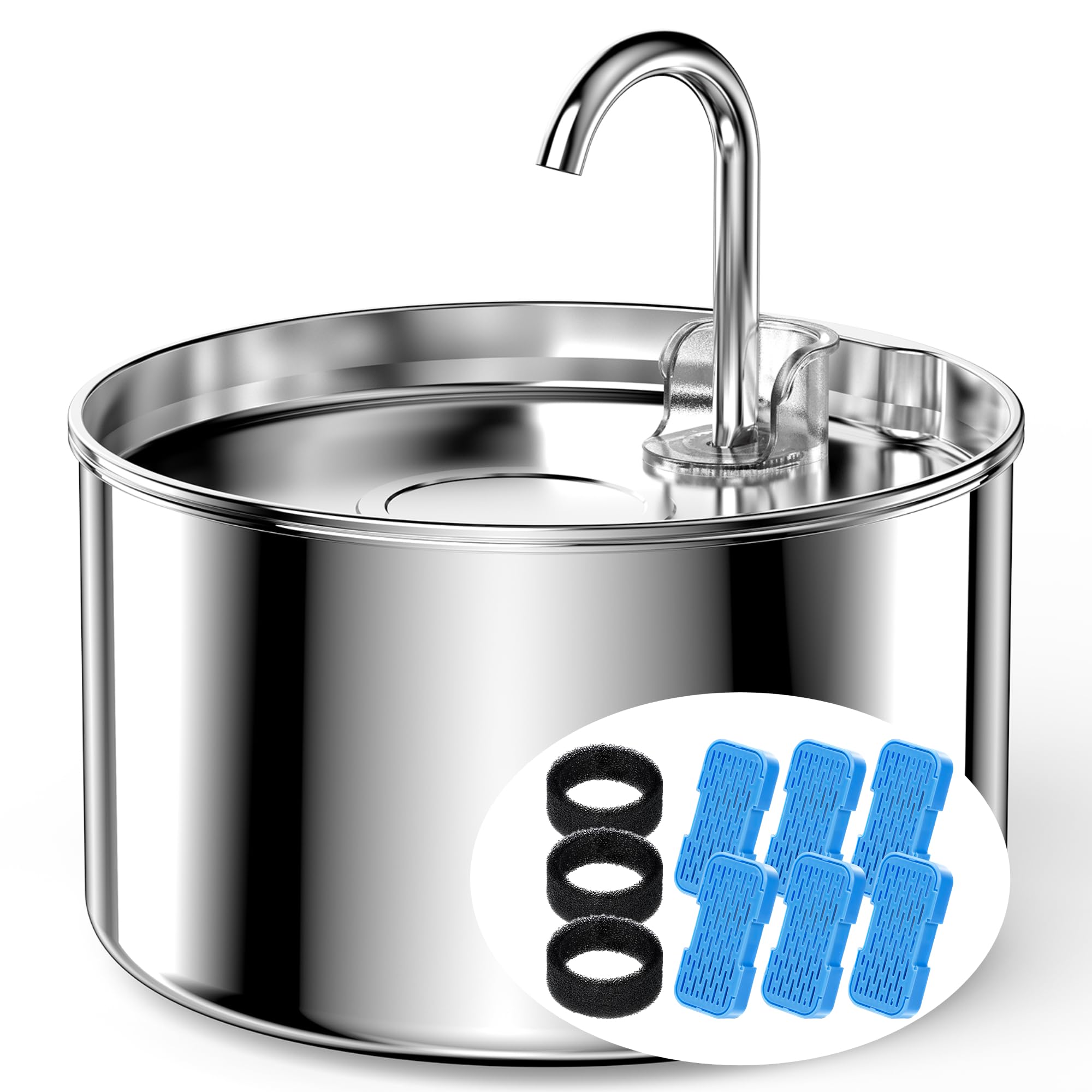 Cat Water Fountain Stainless Steel + 6 Filters + 3 Sponges - Pet Water Fountain 24/7 Keep The Water Fresh 74oz Capacity Ultra-Quiet No Sputter Compact