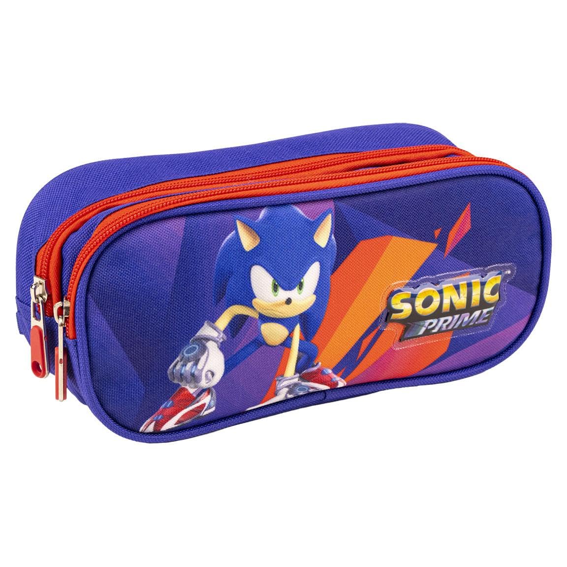 Estuche con Doble Compartimento de Sonic Prime - Color Azul y Rojo - 22,5x8x10 cm - Fabricado en Poliéster - Cierre de Cremallera - Estampado de Sonic Prime - Producto Original Diseñado en España