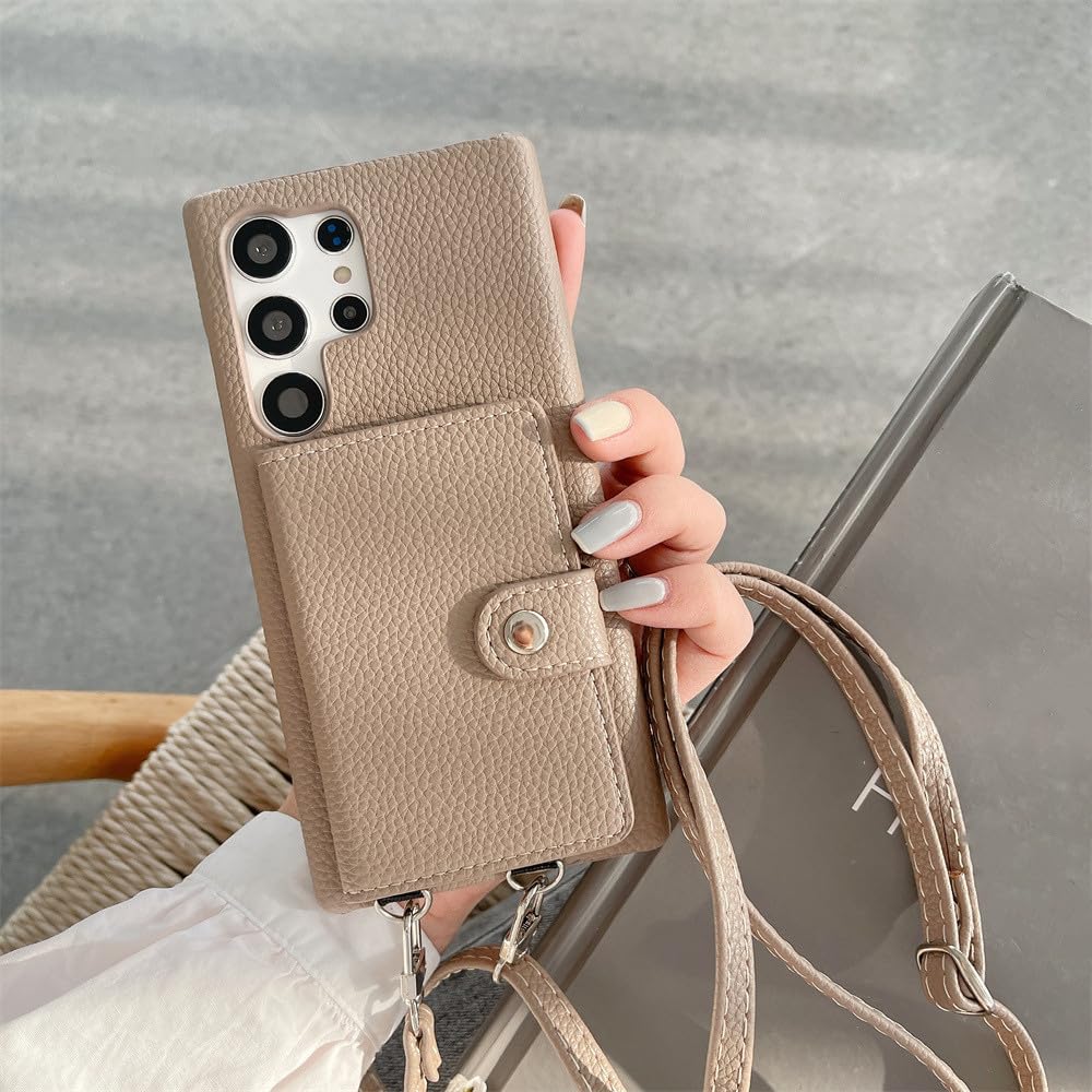 Moda Litchi skórzany pasek na ramię na szyję etui na telefon do Samsung S23 Ultra S20 S21 S22 uwaga 8 9 10 20 Crossbody portfel pokrywa, brązowy, S9