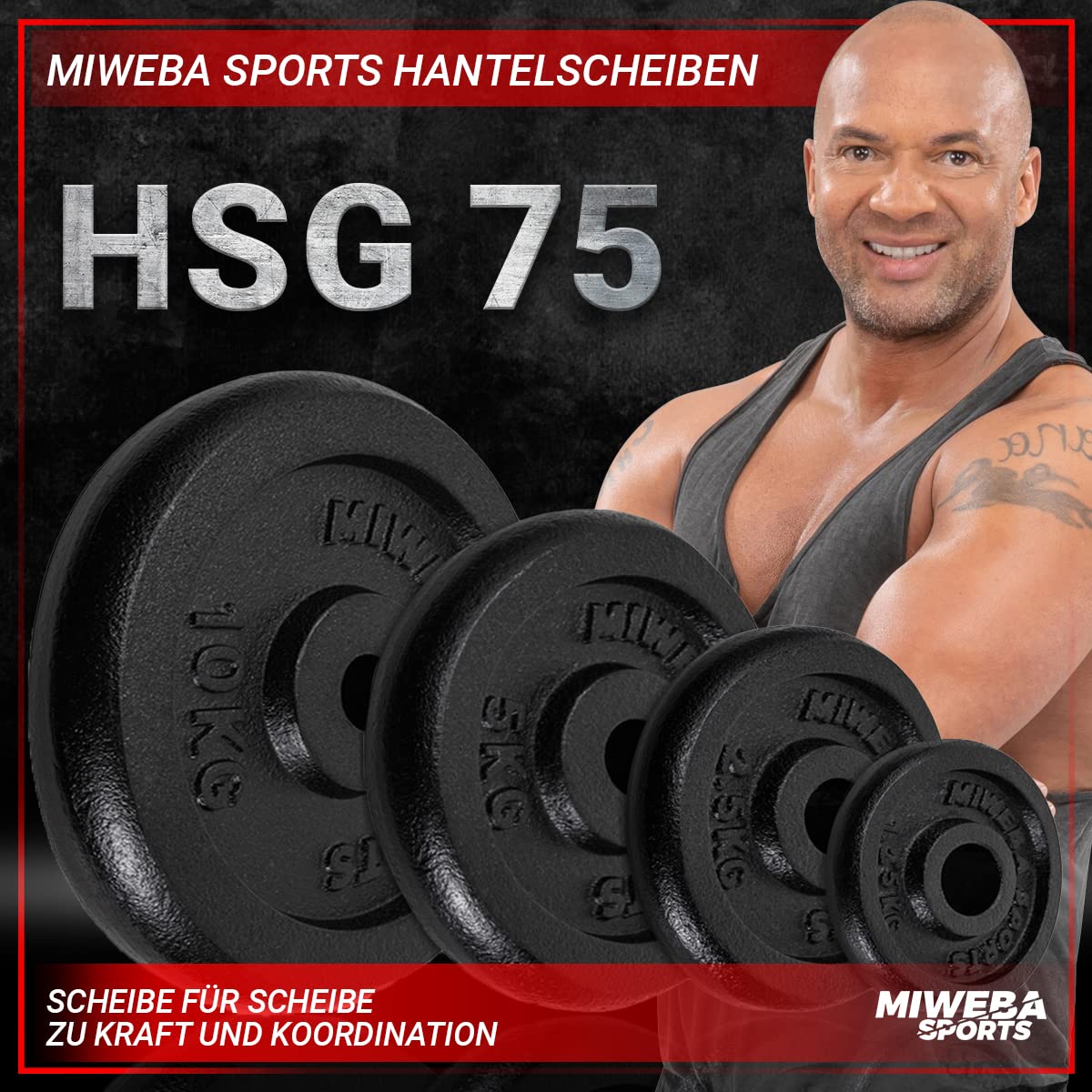 Miweba Sports Hantelscheiben Set HSG | 𝐏𝐫𝐨𝐟𝐢 Hanteln - 1.25-10.0 Kg Hantelscheibe - Hantel Scheiben - Gusseisen Gewichte - Ø 30/31 mm - Hantelset - Gewichtsscheiben - Hantelgewicht