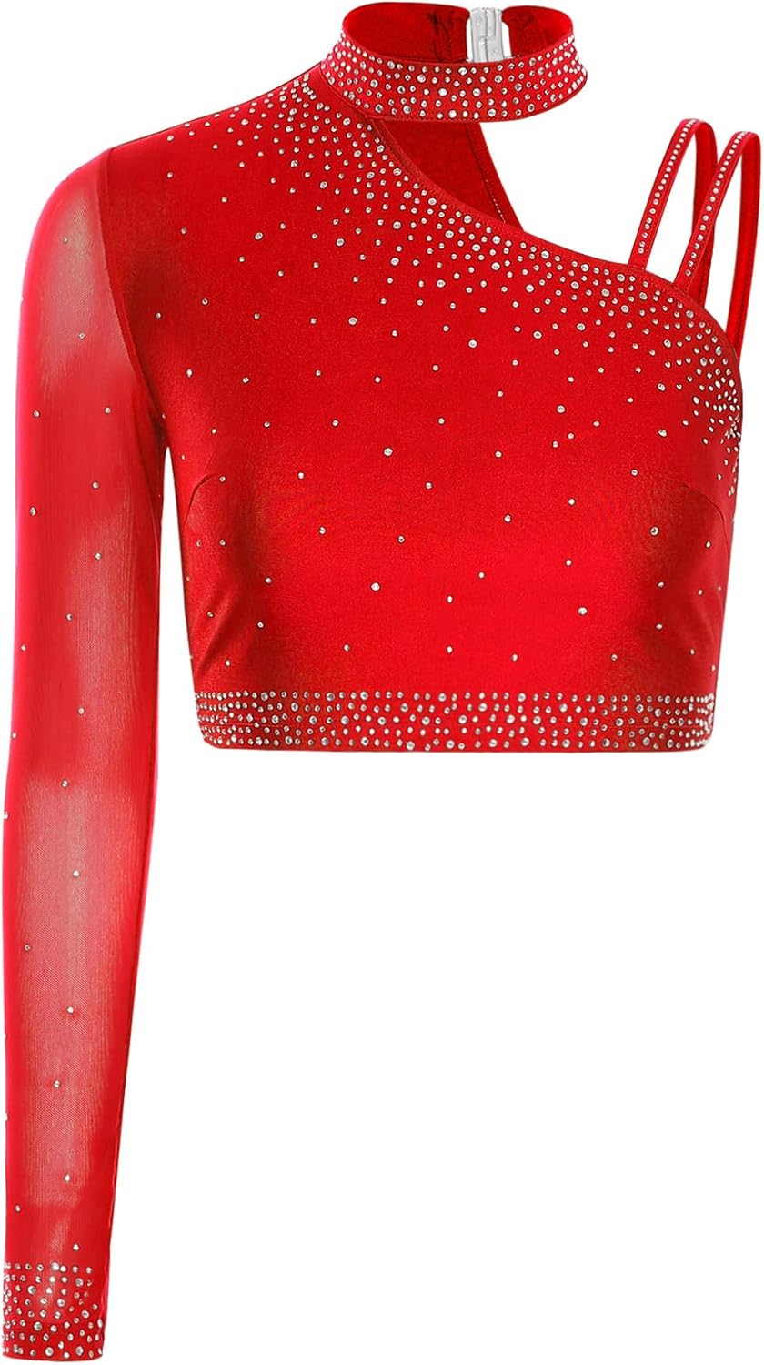 Oyolan Women Modern Lyrical Dance Costume Rhinestone Crop Tops with Pants Skating Gymnastics Ballet Outfit Red Small