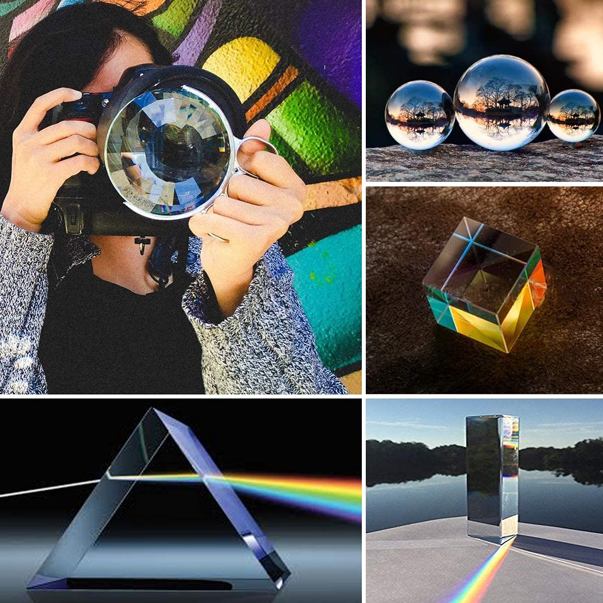 Lot De 4 Prismes En Cristal Optique K9 – Cube 50mm, Triangle 50mm, Boule 55mm Et Pyramide 60mm – Pour Photo, Déco Et Expériences