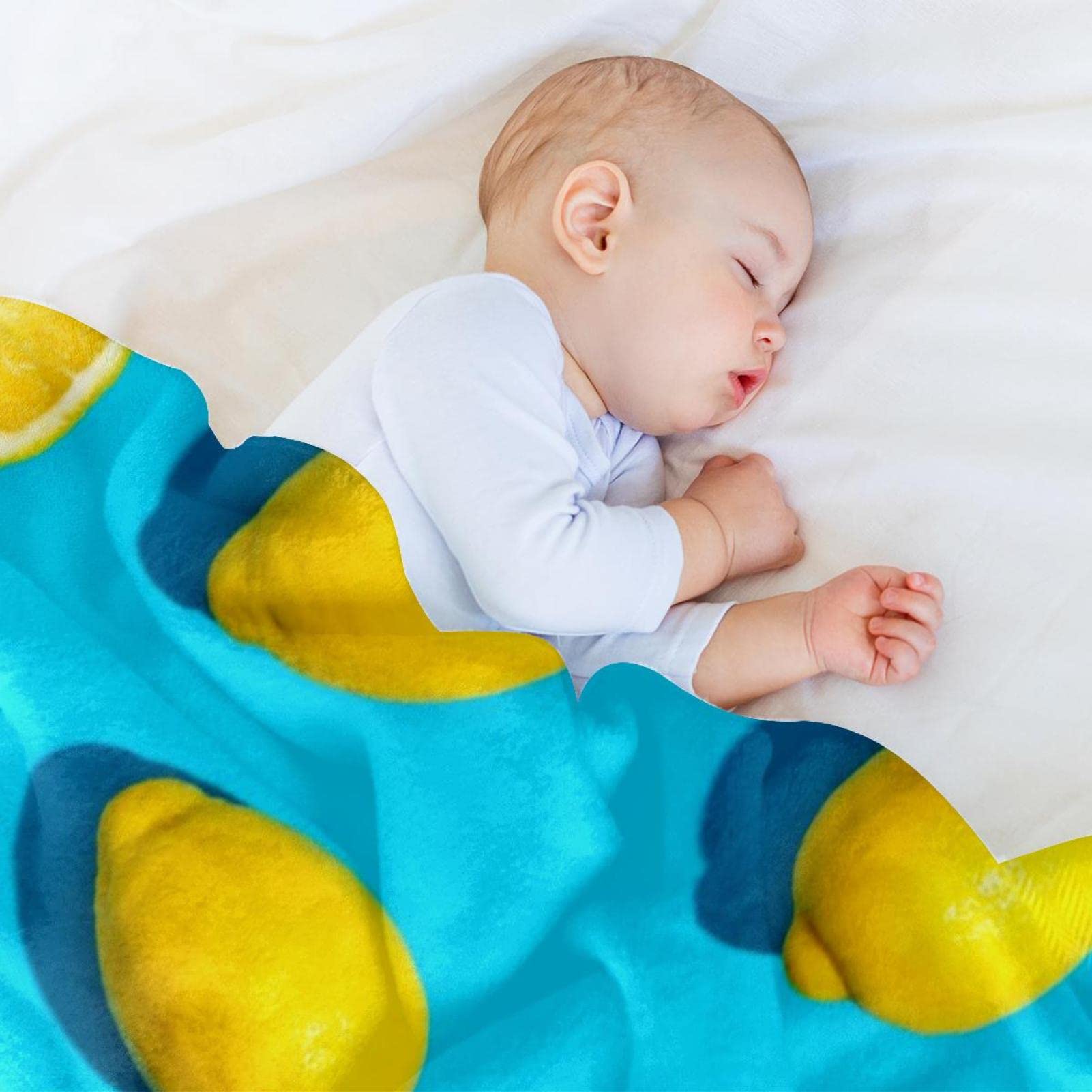 Coperta in pile, super morbida, lussuosa, estiva, motivo limone, colore: blu