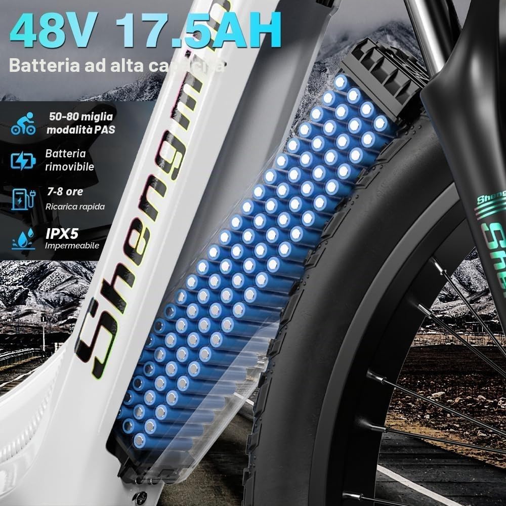 Shengmilo MX06 Bicicletta Elettrica Uomo/Donna, 80N.M, 26 Pollici Pneumatico Largo, Cambio a 7 Marce, Batteria 48V17.5AH, City Bike