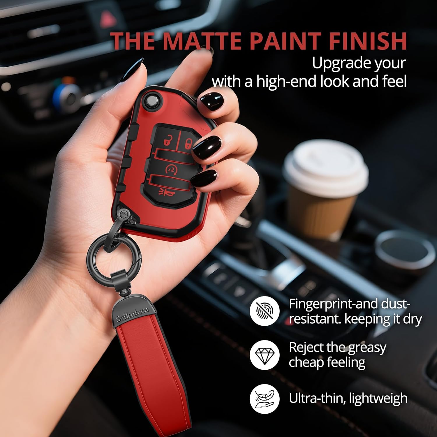 For Jeep Key Fob Cover Accessories- Matte TPU Key Fob Cover with Leather Keychain for Jeep Wrangler JL JLU Rubicon Gladiator Sahara. - Image 5