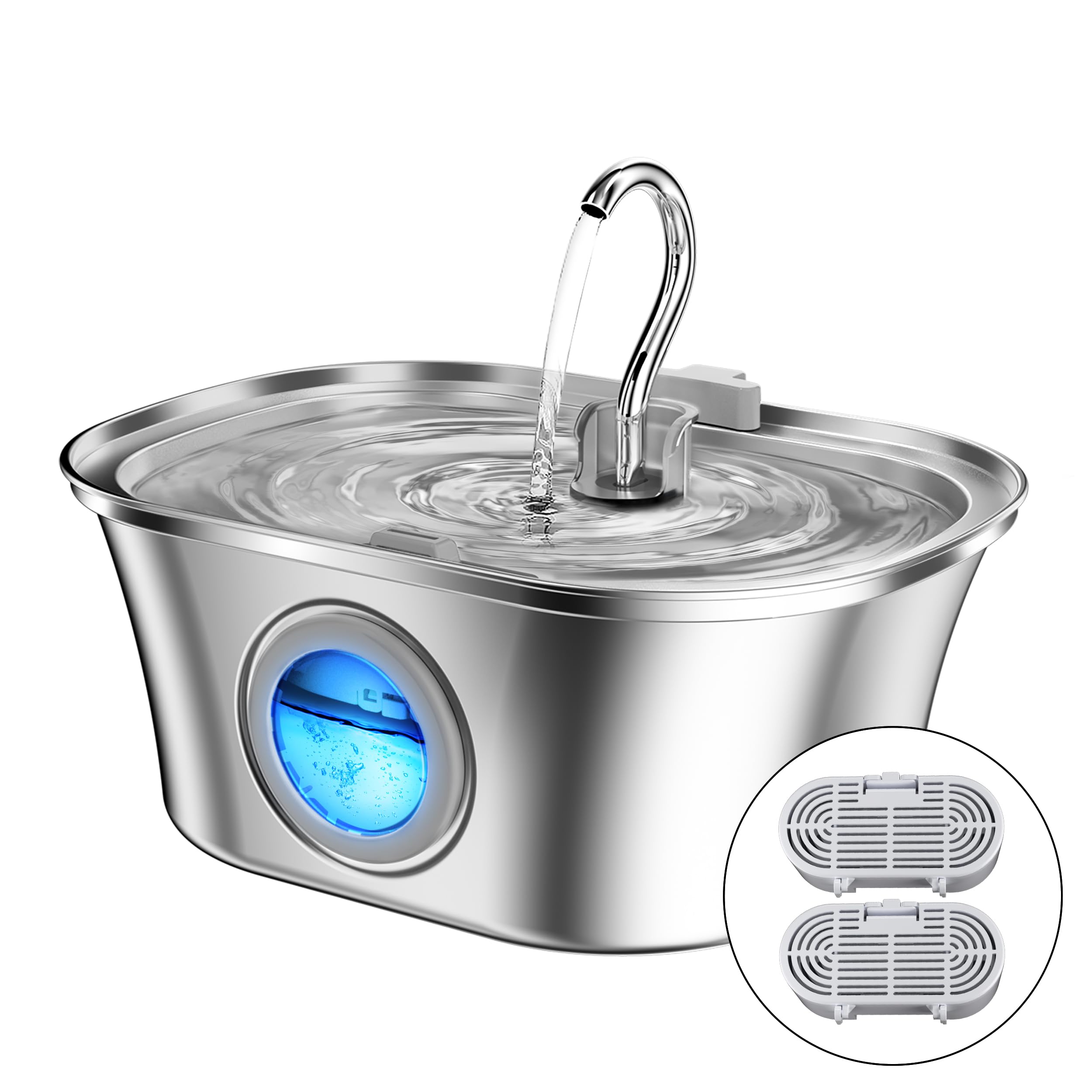 Cat Water Fountain with Water Level Window, HICC PULE 108oz/3.2L Stainless Steel Automatic Pet Water Fountain, Dishwasher Safe Dog Water Dispenser with Ultra-Quiet Pump, Multi-Filtration System