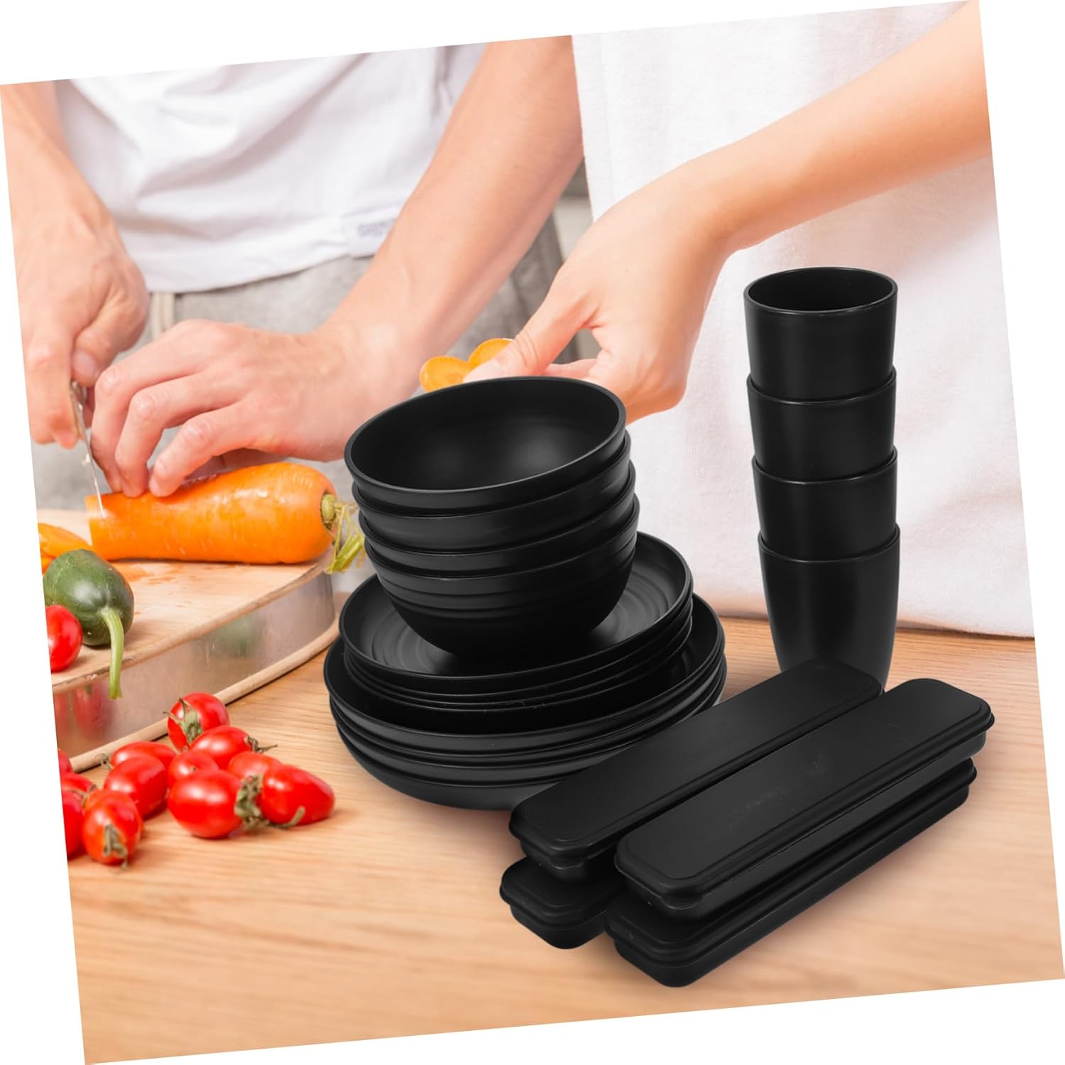 4sets Black Camping Dinnerware Cutlery Bowl Plate Cup Utensils Case for Picnic Hiking