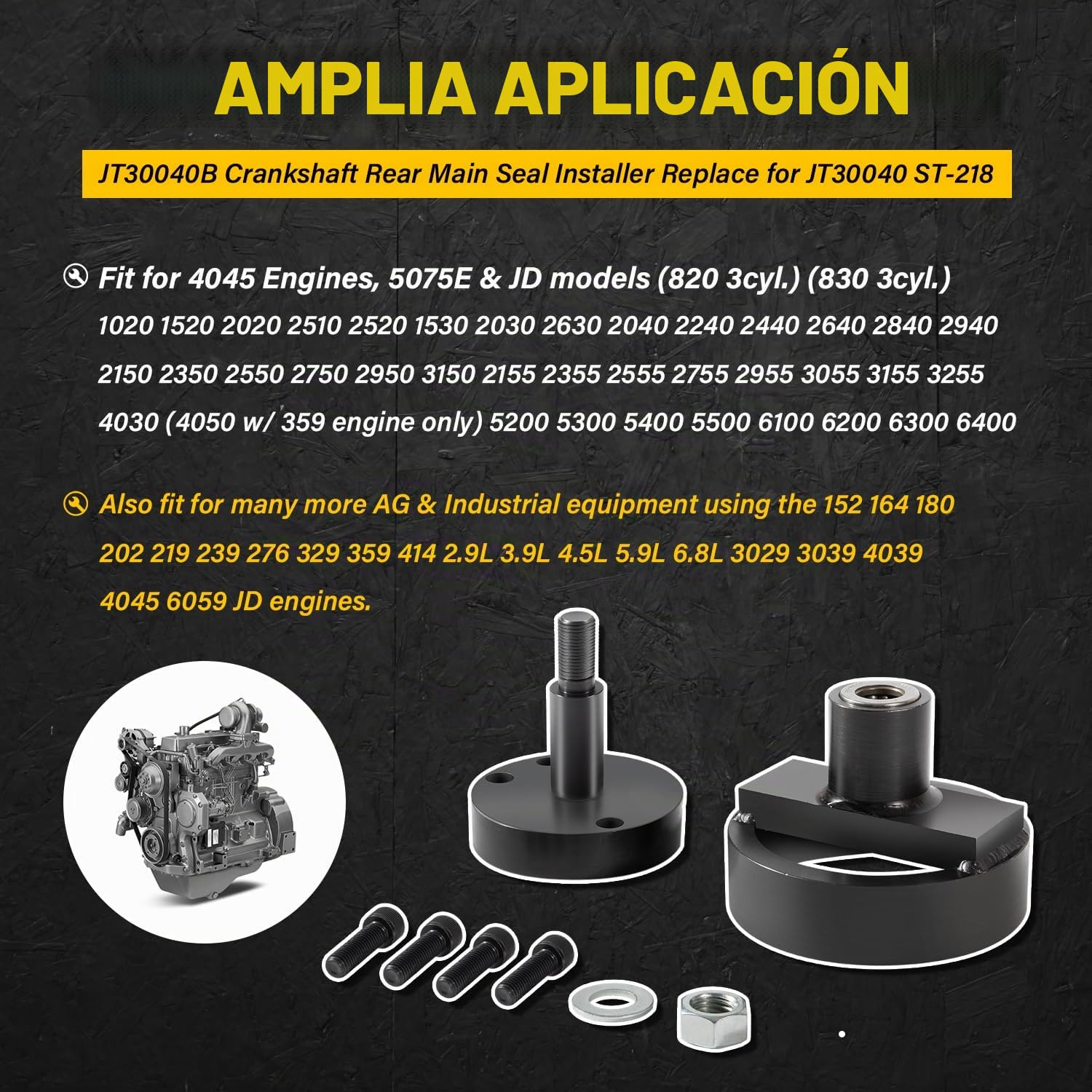 JT30040B Instalador de Retén Principal Trasero de Cigüeñal, Compatible con John Deere 4045 152 164 180 202 219 239 329 359 414 Herramienta de Instalación de Motor, Reemplazo para JT30040, KCD10002A