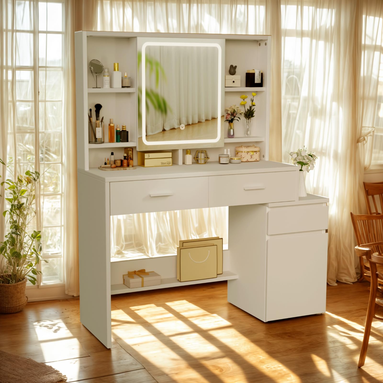 Devoko Large Makeup Vanity with Mirror and LED Lights, Makeup Table with 4 Adjustable Open Shelves and 2 Large Drawers, Anti-Dust Side Cabinets, 140 x 40 x 117 cm Modern White