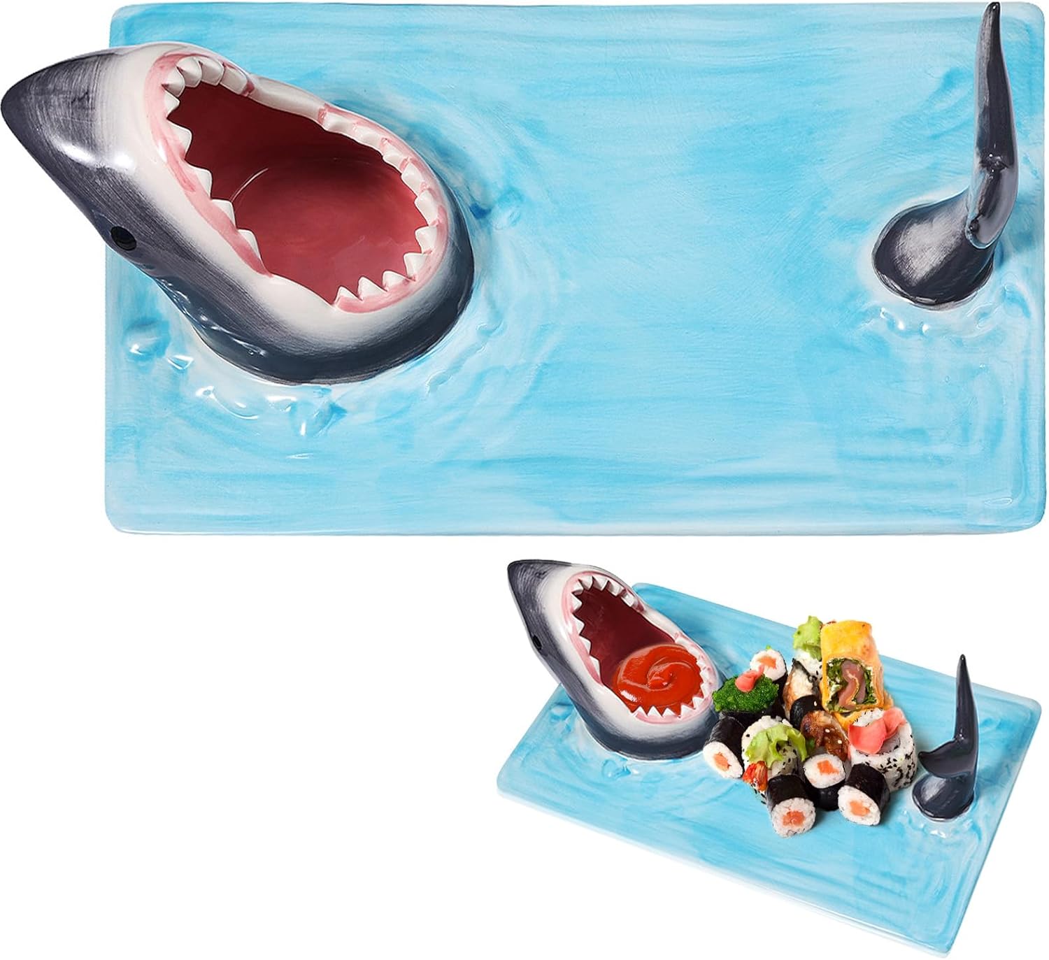Plato Sushi Tiburón Cerámica Pintado a Mano - Libre de Plomo