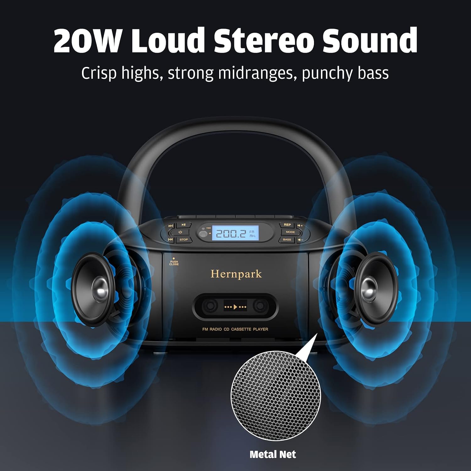 CD Cassette Player Combo, Hernpark Rechargeable Boombox with Bluetooth 5.1, Tape Recording, FM Radio, Super Bass, Stereo Sound, Aux/USB Drive, Headphones Jack, Boom Box for Indoor Outdoor