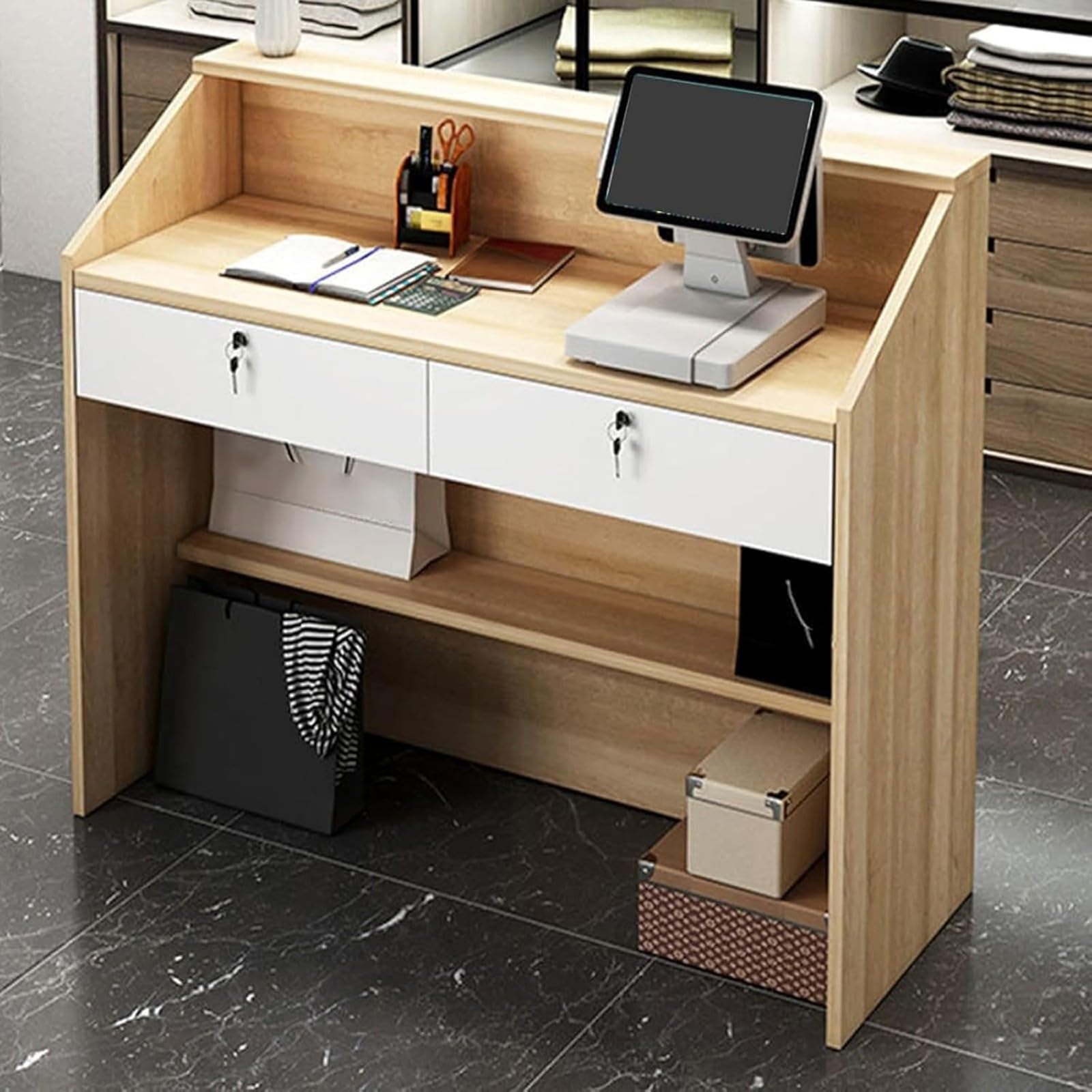 SXZenSpace Compact Retail Cashier, Modern Reception Desk, Lockable Drawers and Open Shelves, Welcome Suitable for Offices Computer desks B,80CM