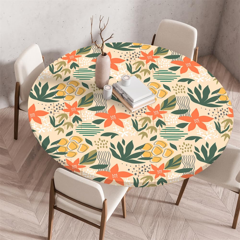 Chickwin Round Outdoor Tablecloth with Elastic Edge, Wipe Clean Circle Table Cover, Nordic Leaves Print Garden Table Fitted Tablecloth Non-Slip Stain-resistant Washable (Orange flowers,60cm)